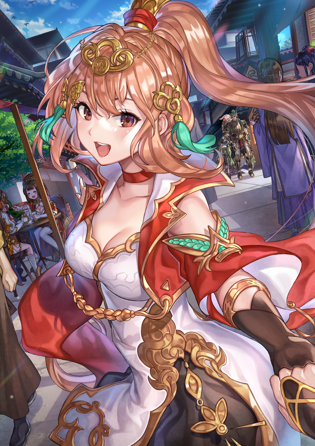 katoroku, character request, highres, 1girl, black gloves, breasts, brown eyes, brown hair, choker, cleavage, cloud, collarbone, cropped jacket, dress, gloves, gold trim, hair ornament, holding hands, jacket, long hair, open mouth, orient arcadia, ponytail, red choker, red jacket, sky, smile, white dress