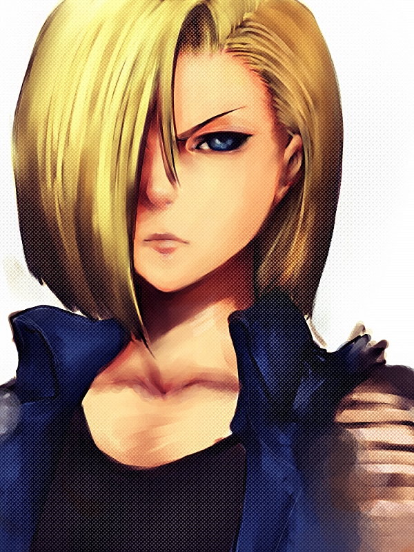 fumio (rsqkr), android 18, dragon ball, dragonball z, 1girl, angry, blonde hair, blue eyes, collarbone, female focus, hair over one eye, jacket, short hair, simple background, solo