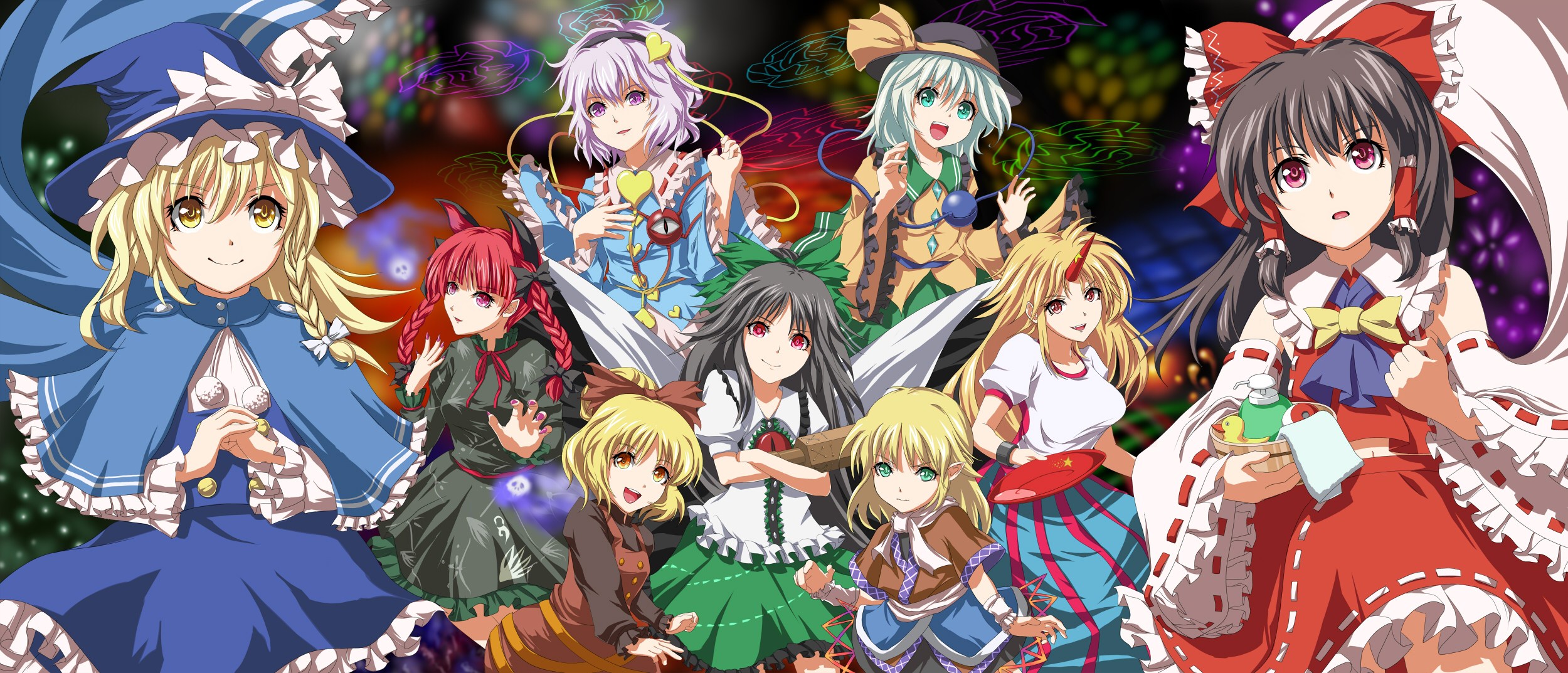 fuji hyorone, hakurei reimu, hoshiguma yuugi, kaenbyou rin, kirisame marisa, komeiji koishi, komeiji satori, kurodani yamame, mizuhashi parsee, reiuji utsuho, subterranean animism, touhou, highres, 6+girls, animal ears, blonde hair, braid, capelet, cat ears, cat girl, cup, female focus, ghost, green eyes, heart, horns, multiple girls, red eyes, ribbon, rubber duck, sakazuki, single horn, twintails