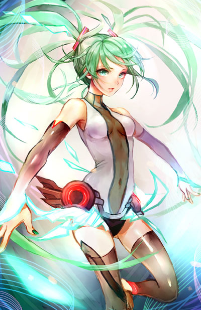 centimetre, hatsune miku, vocaloid, 1girl, black thighhighs, breasts, covered navel, detached sleeves, gluteal fold, green eyes, green hair, leotard, see-through cleavage, see-through clothes, see-through leotard, small breasts, solo, thighhighs, twintails, white leotard
