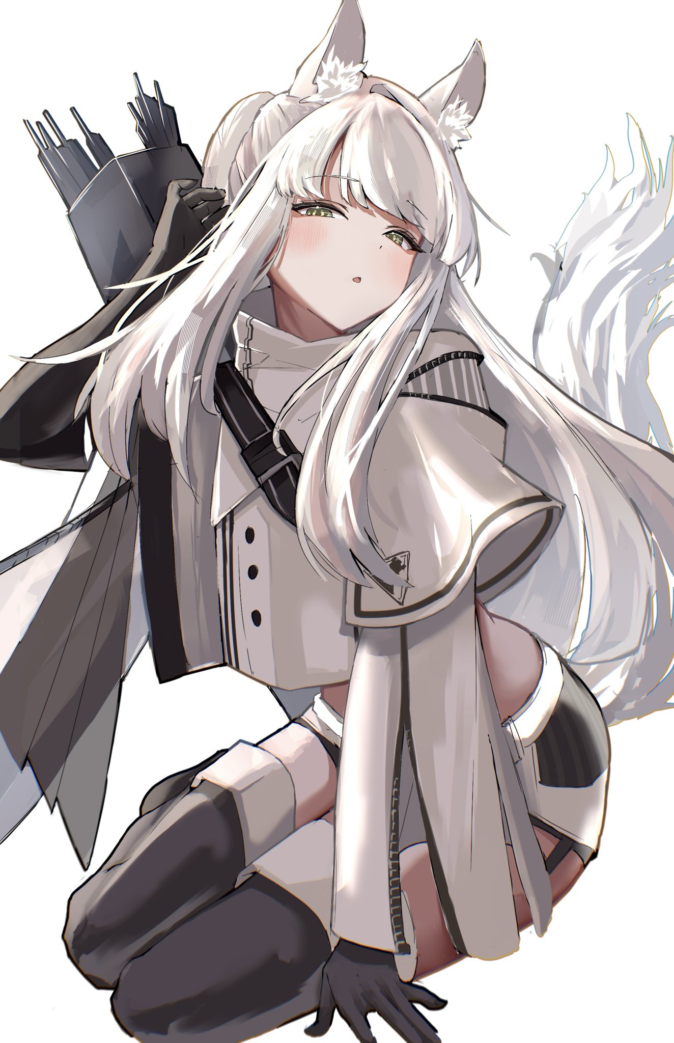 platinum (arknights), arknights, highres, 1girl, animal ear fluff, animal ears, arrow (projectile), black gloves, boots, gloves, horse ears, horse girl, horse tail, jacket, long hair, looking at viewer, petraruruka, quiver, simple background, solo, tail, thigh boots, white background, white hair, white jacket, yellow eyes