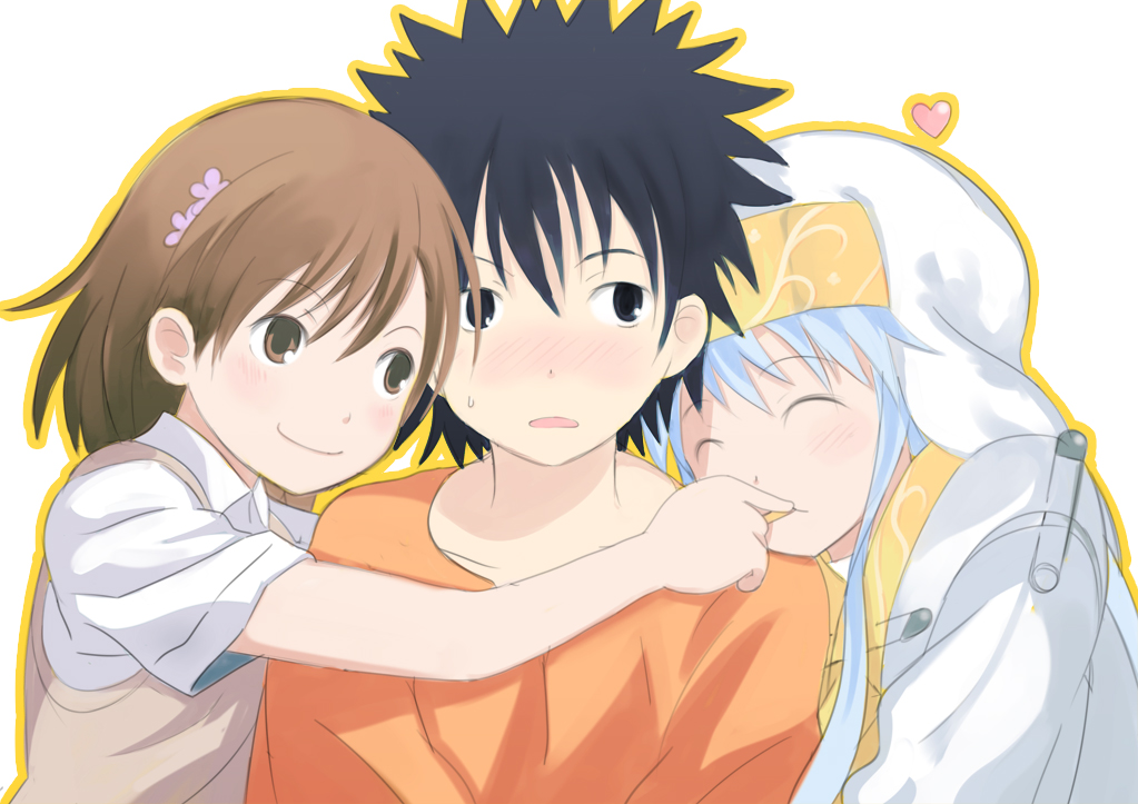 enoki p, index (toaru majutsu no index), kamijou touma, misaka mikoto, toaru majutsu no index, silver hair, bad id, bad pixiv id, 00s, 1boy, 2girls, :o, ^ ^, blush, closed eyes, feeding, girl sandwich, happy, hug, multiple girls, nun, parted lips, robe, sandwiched, shirt, short hair, simple background, spiked hair, sweater, t-shirt, upper body, veil, white background