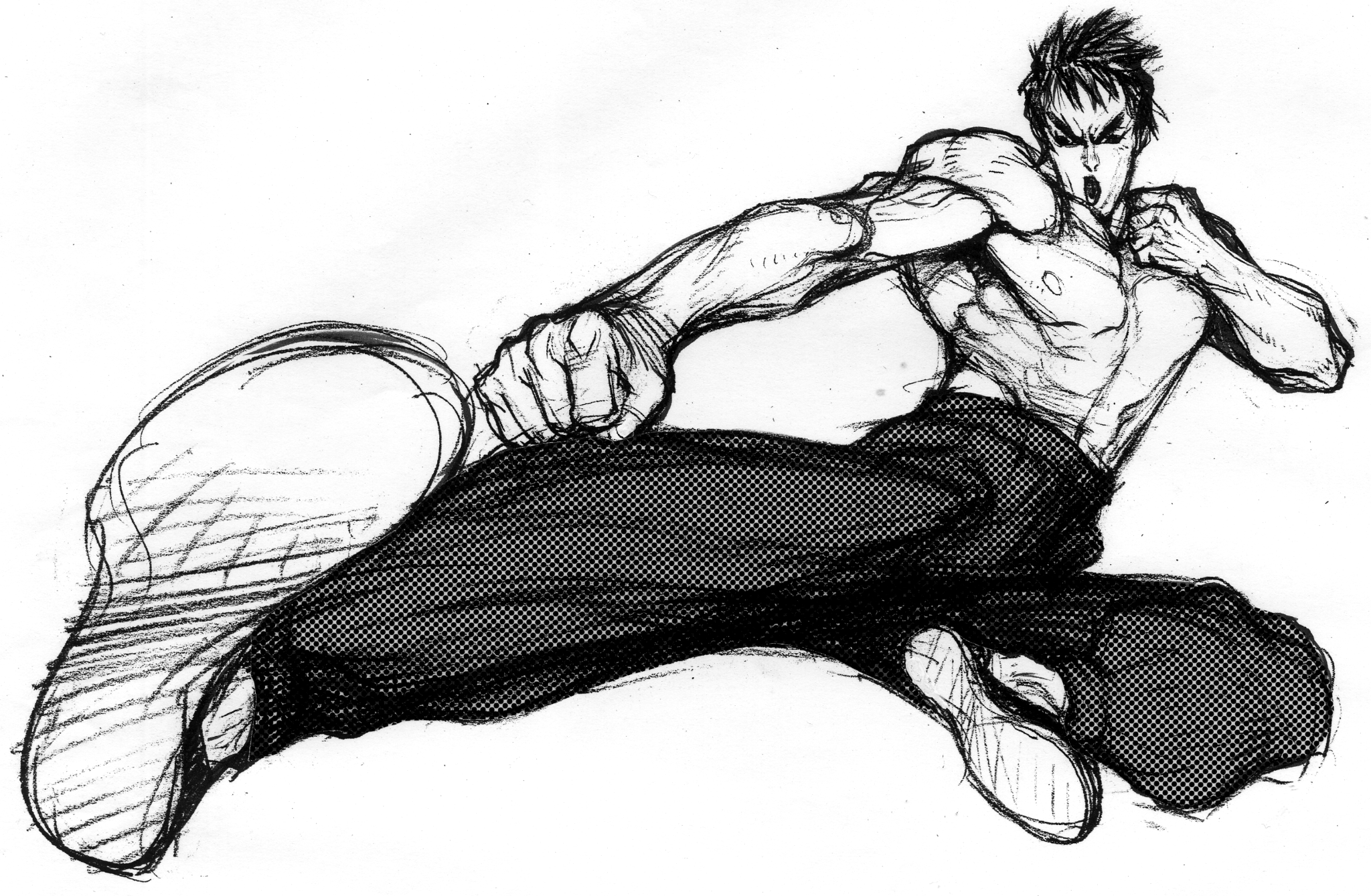 nishimura kinu, fei long, street fighter, street fighter ii (series), game cg, highres, non-web source, official art, 1boy, black hair, clenched hands, fighting stance, flying kick, full body, greyscale, kicking, monochrome, muscular, open mouth, short hair, simple background, solo, topless male, white background