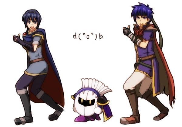 ike (fire emblem), marth (fire emblem), meta knight, fire emblem, fire emblem: mystery of the emblem, fire emblem: path of radiance, kirby (series), nintendo, super smash bros., bad id, bad pixiv id, 2boys, armor, blue eyes, blue hair, cape, gloves, headband, mask, multiple boys, thumbs up, tiara