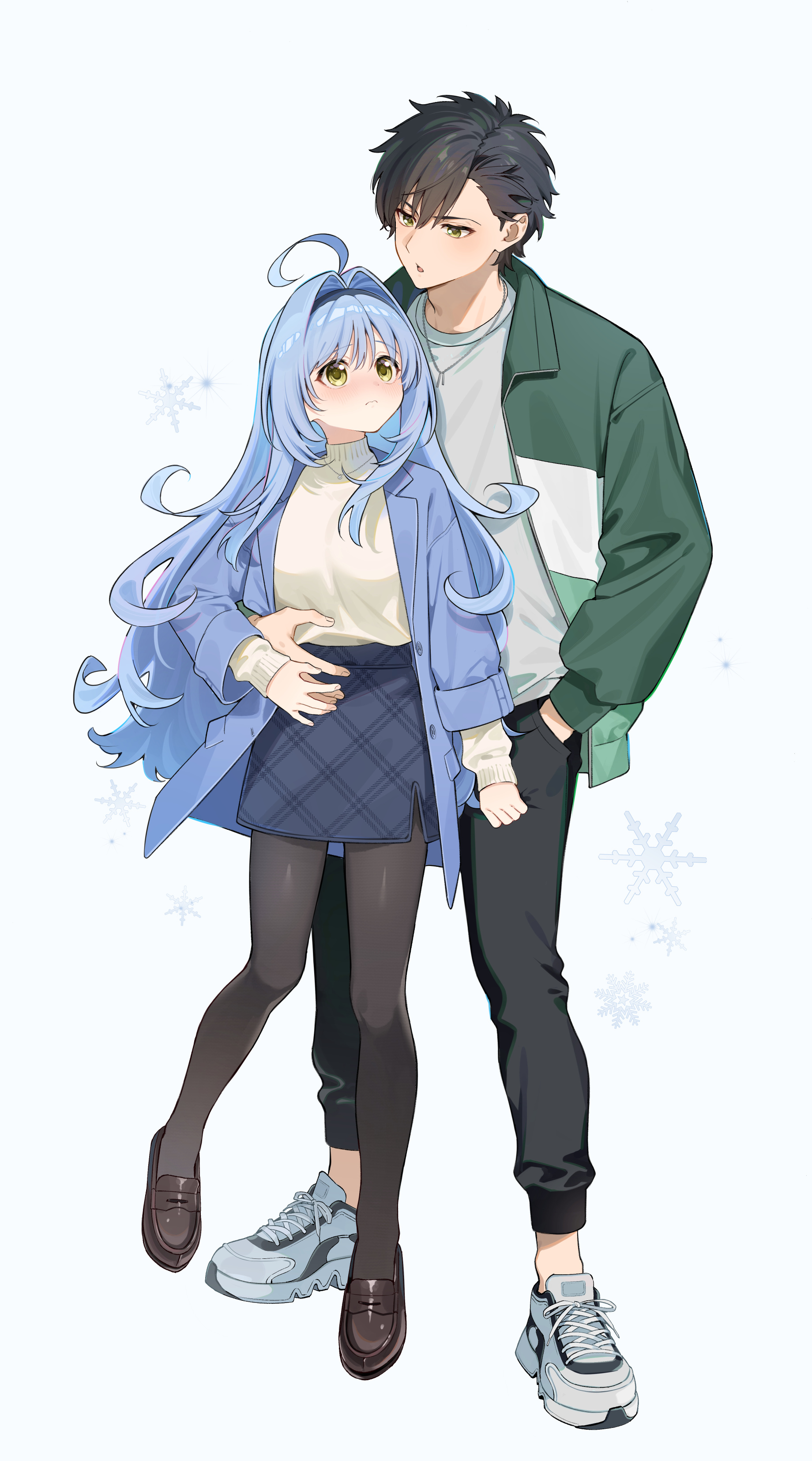 kise itsuki, original, absurdres, highres, revision, 1boy, 1girl, ahoge, arata (kise itsuki), black hair, blue hair, blush, couple, full body, hairband, hand in pocket, hand on another's stomach, hetero, holding hands, jacket, jewelry, loafers, long hair, looking at another, necklace, open clothes, open jacket, pantyhose, plaid clothes, plaid skirt, shoes, skirt, sneakers, yellow eyes, yuki (kise itsuki)