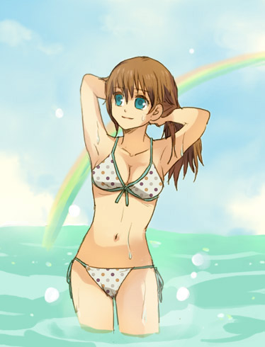 mist (fire emblem), fire emblem, fire emblem: path of radiance, fire emblem: radiant dawn, nintendo, lowres, 1girl, armpits, arms up, bikini, breasts, brown hair, cleavage, day, female focus, green eyes, medium breasts, polka dot, polka dot bikini, polka dot swimsuit, rainbow, solo, swimsuit, wading, water, white bikini