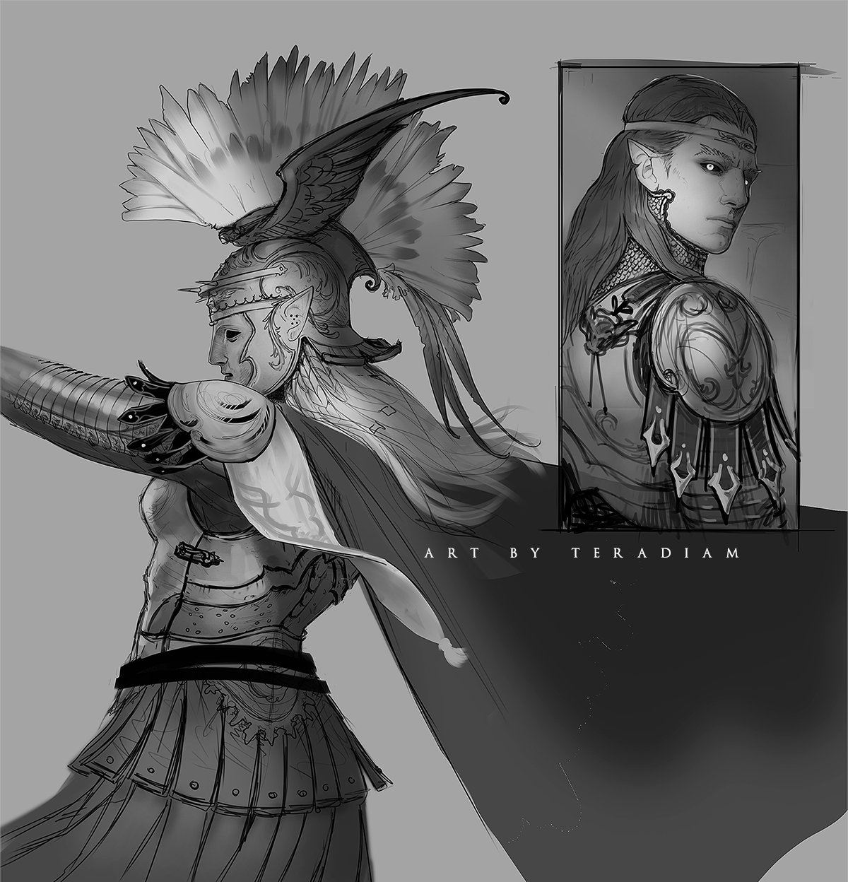 teradiam, for honor, original, highres, 1boy, 1girl, armor, artist name, breastplate, breasts, cape, corinthian helmet, gladiator (for honor), grey scales, helmet, long hair, mask, pointy ears, shoulder armor, simple background, sketch, weapon, winged helmet