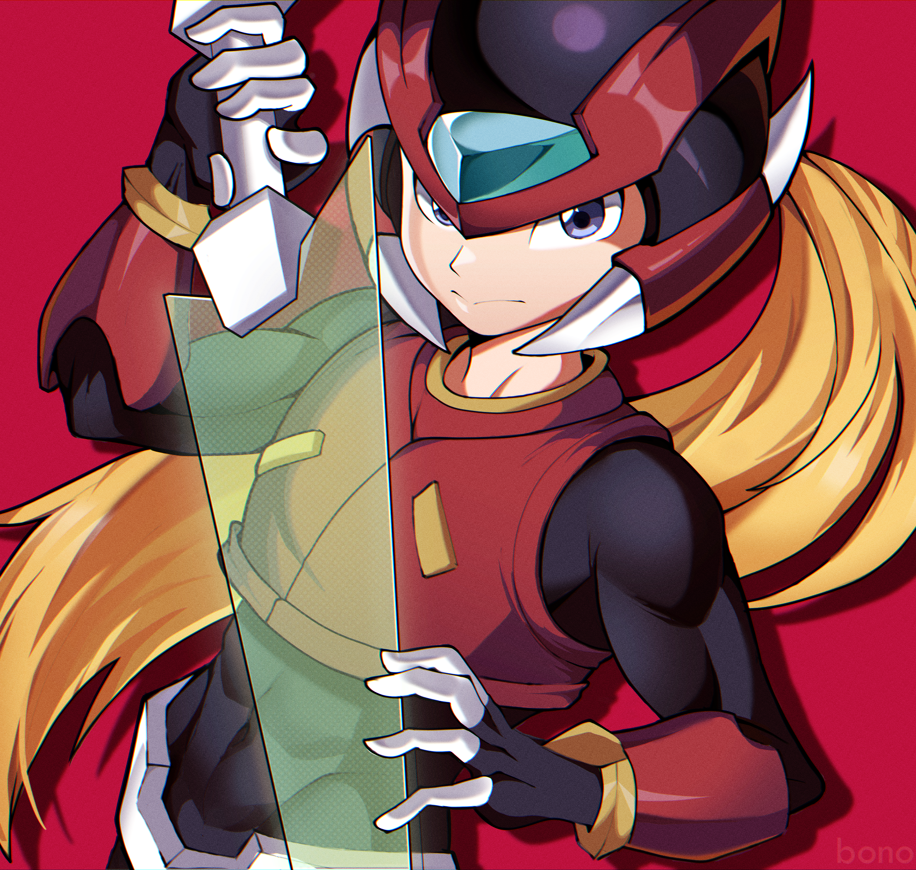 bonoshii, zero(z) (mega man), zero (mega man), mega man (series), mega man zero (series), absurdres, highres, 1boy, armor, black eyes, blonde hair, energy sword, forehead jewel, helmet, holding, holding sword, holding weapon, long hair, male focus, red armor, red background, red helmet, solo, sword, upper body, weapon, z saber