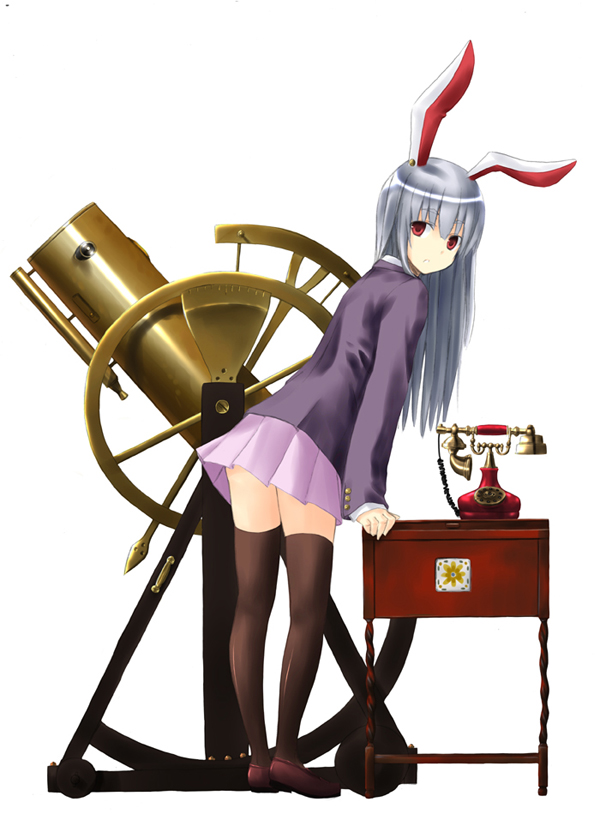 nabeshima tetsuhiro, reisen udongein inaba, touhou, silver hair, 1girl, animal ears, female focus, long hair, phone, rabbit ears, red eyes, skirt, solo, thighhighs