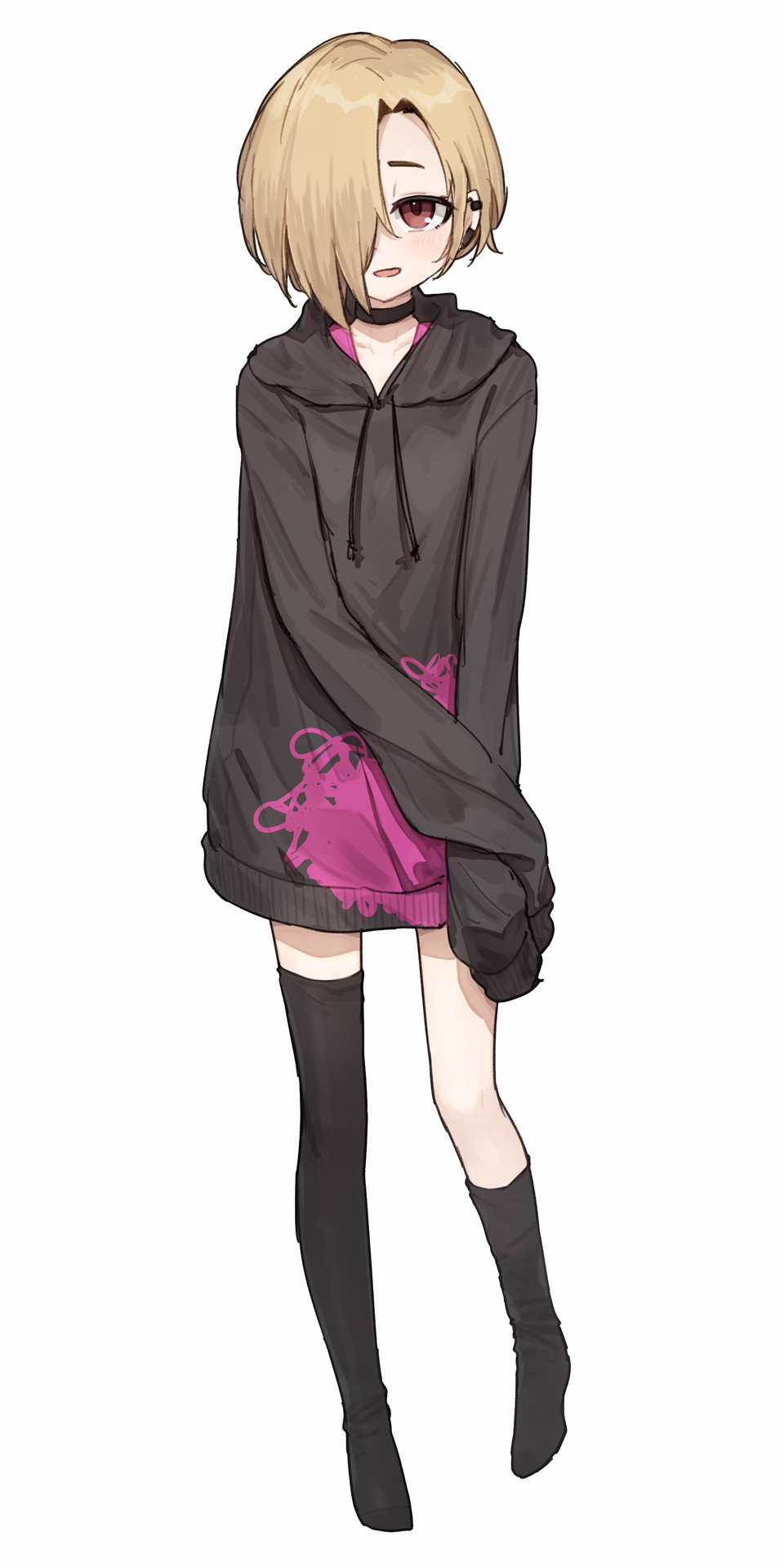 shone, shirasaka koume, idolmaster, idolmaster cinderella girls, commentary, highres, 1girl, black socks, black sweater, black thighhighs, blonde hair, blush, collarbone, curtained hair, drawstring, ear piercing, full body, hair over one eye, hand on own arm, hood, hood down, hooded sweater, kneehighs, long sleeves, looking at viewer, no shoes, one eye covered, open mouth, parted bangs, piercing, red eyes, short hair, simple background, single sock, single thighhigh, sleeves past fingers, sleeves past wrists, socks, solo, standing, standing on one leg, sweater, thighhighs, white background