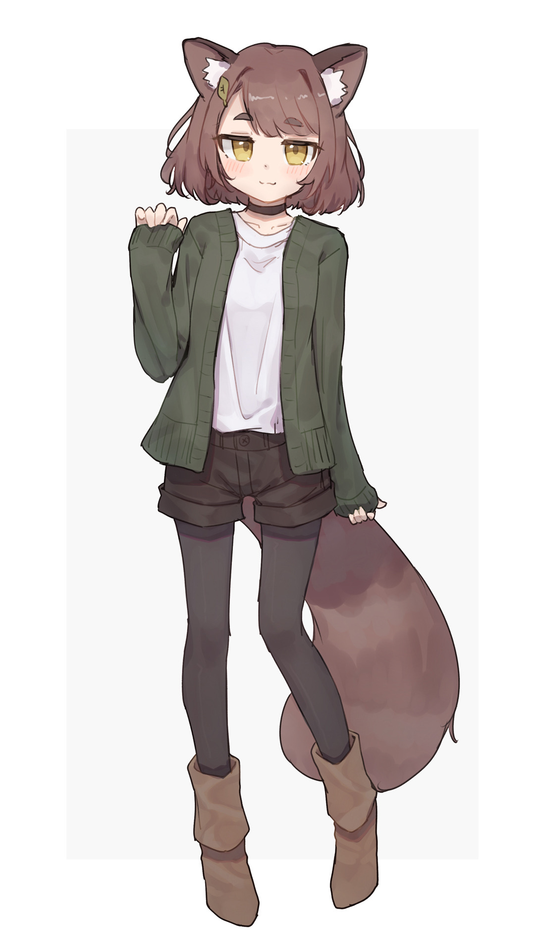 shone, original, commentary, highres, 1girl, :3, animal ear fluff, animal ears, arm at side, black choker, black pantyhose, blush, boots, border, brown boots, brown hair, brown shorts, cardigan, choker, closed mouth, collarbone, full body, green cardigan, grey background, hair ornament, hairpin, hand up, leaf hair ornament, long sleeves, looking at viewer, open cardigan, open clothes, outside border, pantyhose, pantyhose under shorts, pinching sleeves, raccoon ears, raccoon girl, raccoon tail, shirt, short eyebrows, short hair, short shorts, shorts, simple background, sleeves past wrists, smile, solo, split mouth, standing, tail, thick eyebrows, white border, white shirt, yellow eyes