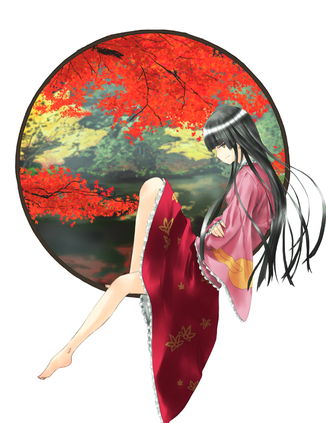 nabeshima tetsuhiro, houraisan kaguya, touhou, 1girl, autumn, barefoot, black hair, circle, feet, female focus, full body, hime cut, japanese clothes, long hair, profile, round window, sitting, smirk, solo, white background, window