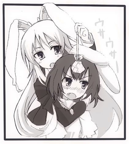 gotyou, inaba tewi, reisen udongein inaba, touhou, lowres, 2girls, animal ears, fang, female focus, greyscale, monochrome, multiple girls, rabbit ears