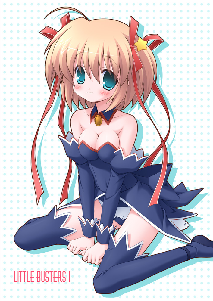 hisane, kamikita komari, higurashi no naku koro ni, little busters!, 1girl, angel mort, bare shoulders, blonde hair, breasts, cleavage, cosplay, detached collar, elbow gloves, female focus, gloves, green eyes, hair ribbon, ribbon, short hair, solo, star (symbol), thighhighs, waitress