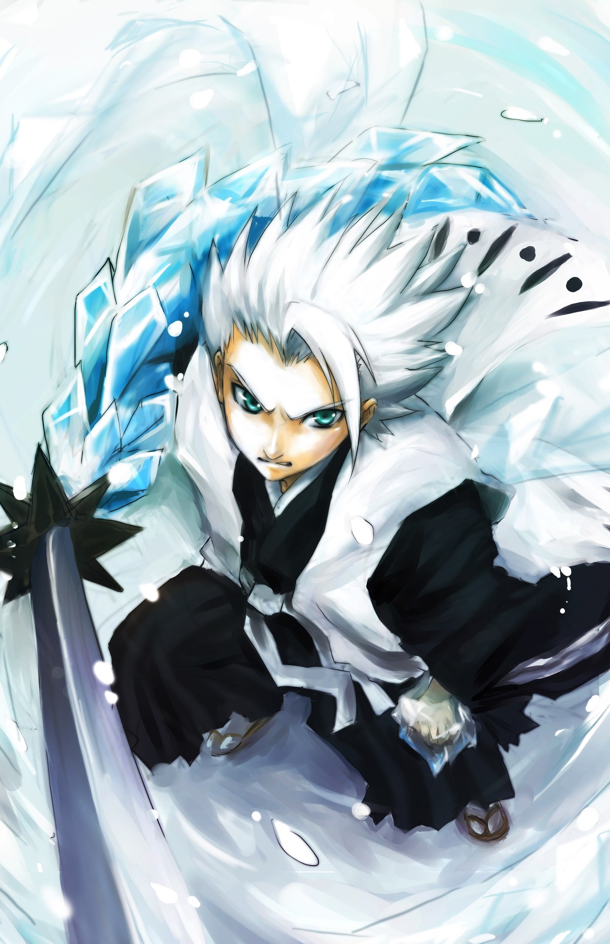 centimetre, hitsugaya toushirou, bleach, highres, 1boy, from side, haori, holding, holding sword, holding weapon, hyourinmaru (shikai), ice, japanese clothes, male focus, sandals, serious, shihakusho, shikai, socks, solo, spiked hair, sword, taichou haori, weapon, white socks
