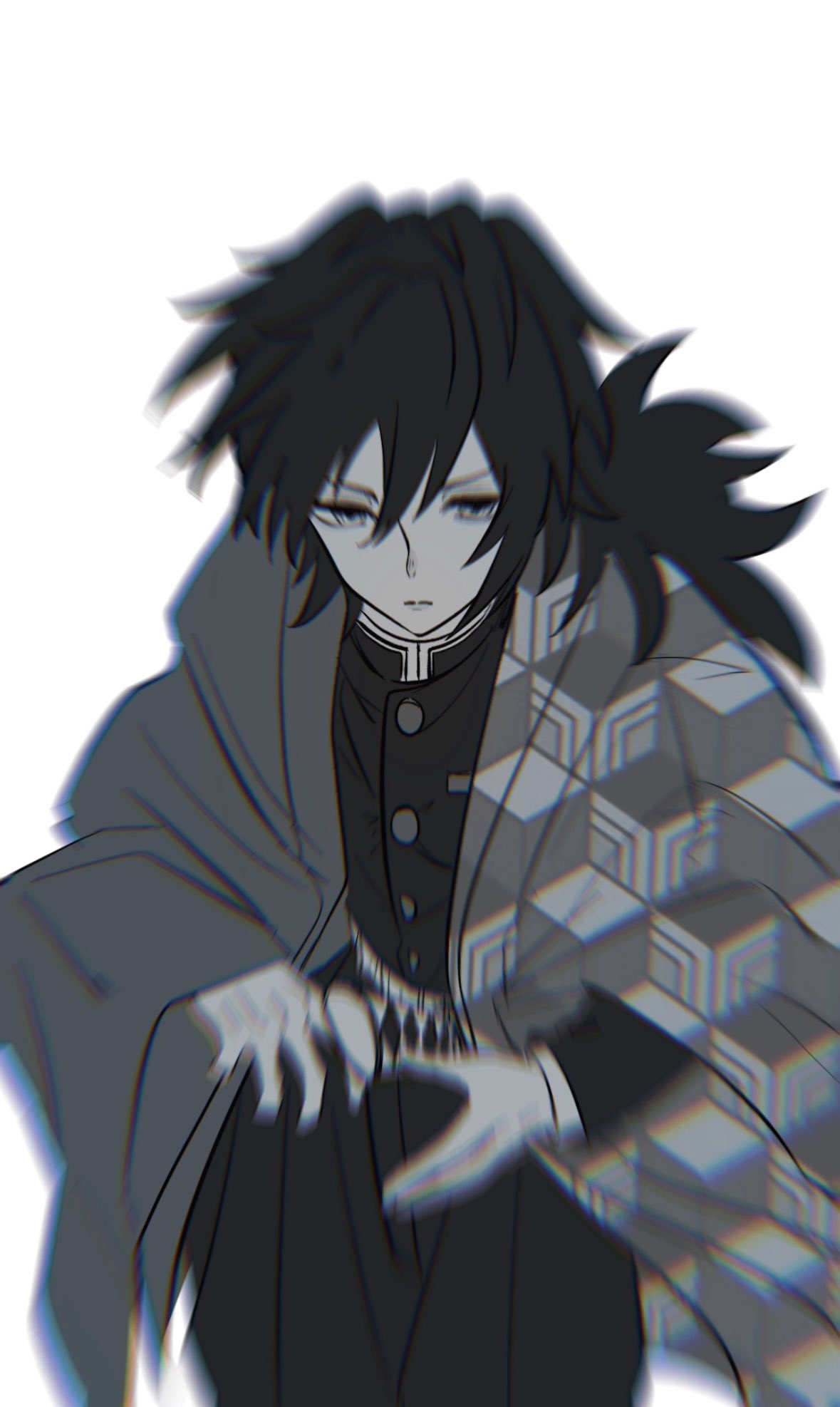 tomioka giyuu, kimetsu no yaiba, highres, 1boy, black hair, black jacket, black pants, buttons, demon slayer uniform, greyscale, haori, high collar, jacket, japanese clothes, katana, kikkoumon, looking at viewer, low ponytail, male focus, monochrome, nim0no kbut, pants, ponytail, print haori, running, simple background, solo, spiked hair, sword, weapon, white background