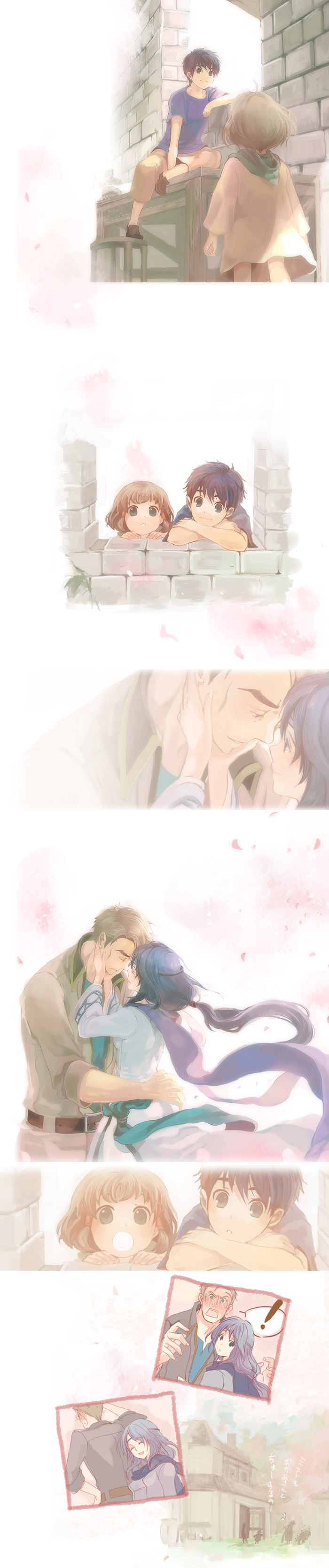 hanakago, elena (fire emblem), greil, ike (fire emblem), mist (fire emblem), fire emblem, fire emblem: path of radiance, fire emblem: radiant dawn, nintendo, absurdres, highres, long image, tall image, translated, 2boys, 2girls, aged down, blue eyes, blue hair, blush, brother and sister, brown hair, child, couple, family, green eyes, headband, hetero, multiple boys, multiple girls, scarf, siblings, smile