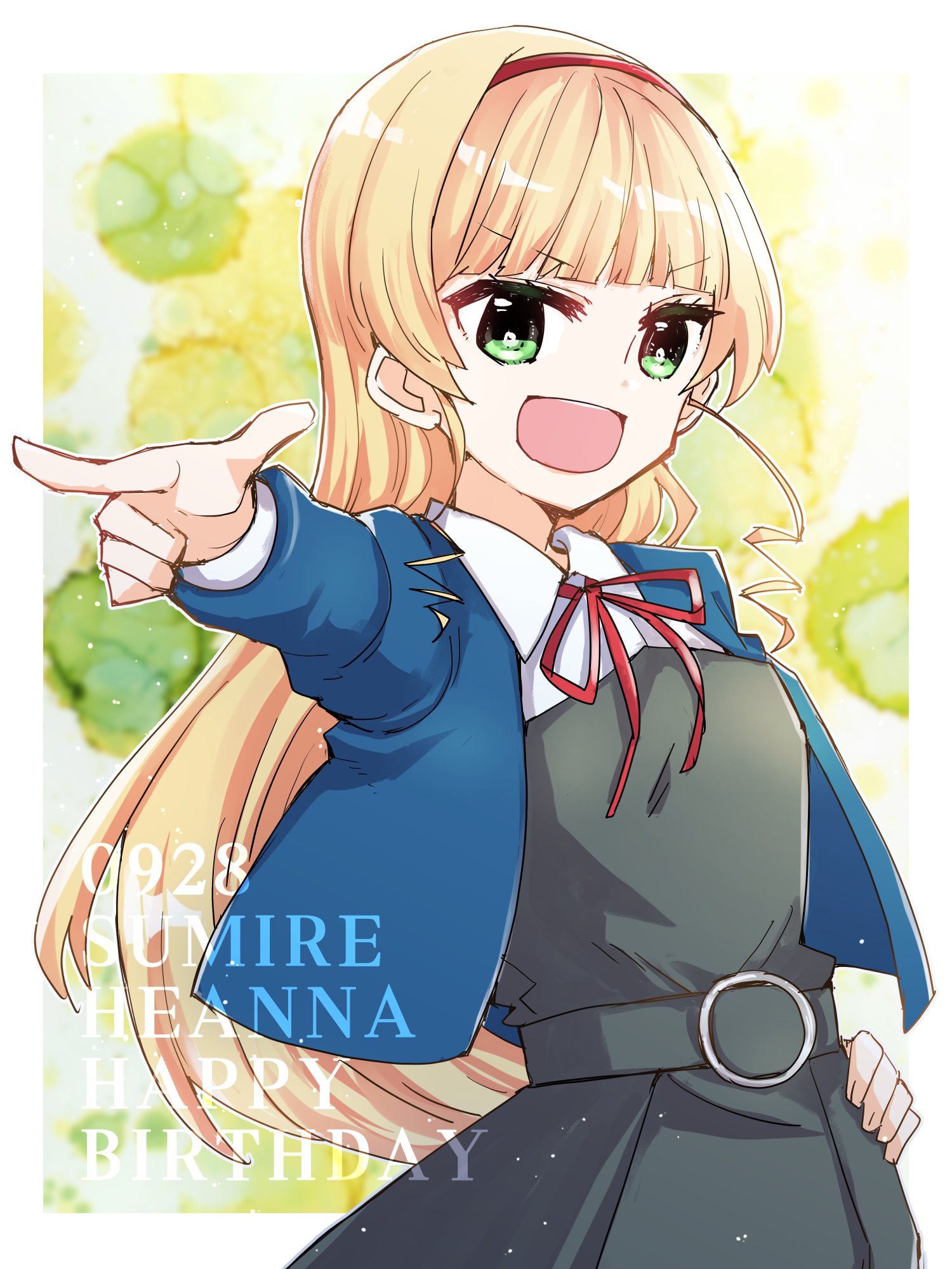 kanduki kamibukuro, heanna sumire, love live!, love live! superstar!!, commentary, highres, 1girl, birthday, blonde hair, character name, dated, english text, green eyes, hairband, happy birthday, long hair, red hairband, school uniform, solo, upper body, yuigaoka school uniform