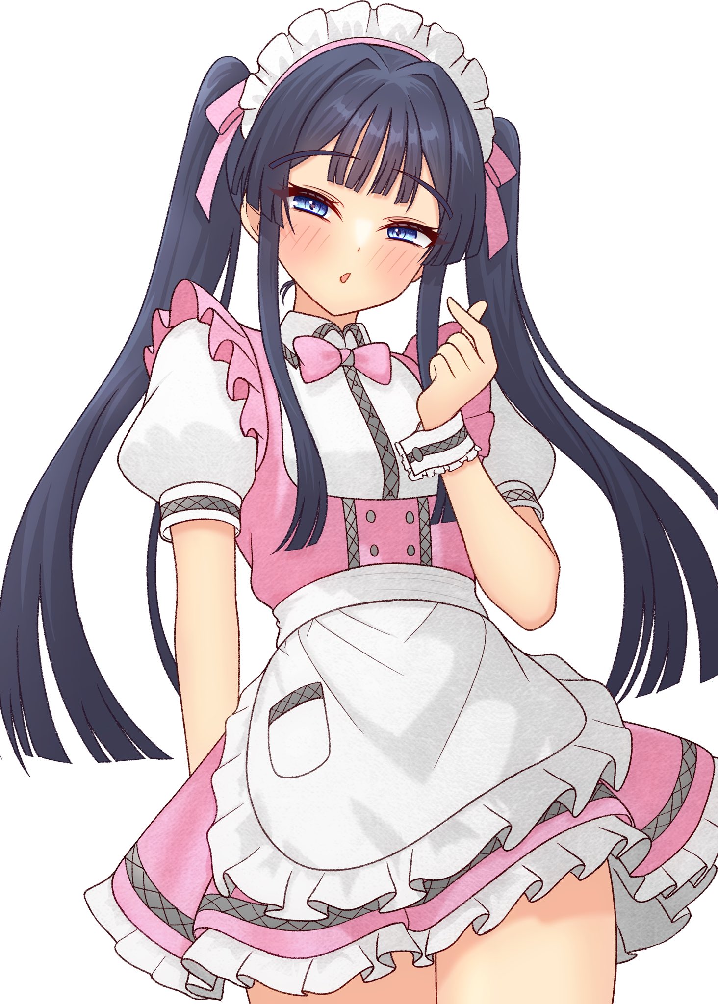 82k mugi, mogami shizuka, idolmaster, idolmaster million live!, idolmaster million live! theater days, highres, 1girl, alternate hairstyle, apron, black hair, blue eyes, blush, cowboy shot, dress, hand up, long hair, looking at viewer, maid headdress, official alternate costume, pink dress, pretty waitress (idolmaster), puffy short sleeves, puffy sleeves, short sleeves, simple background, solo, standing, twintails, waist apron, white apron, white background, white wrist cuffs, wrist cuffs