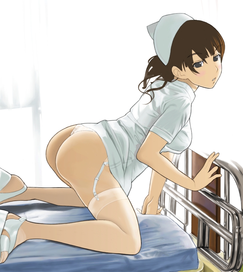 mimizo, mimizou, bad id, bad pixiv id, 1girl, all fours, ass, bed, bent over, blush, brown hair, female focus, from side, garter belt, garter straps, hat, hospital bed, nurse, nurse cap, panties, sandals, shoes, solo, thighhighs, thong, underwear
