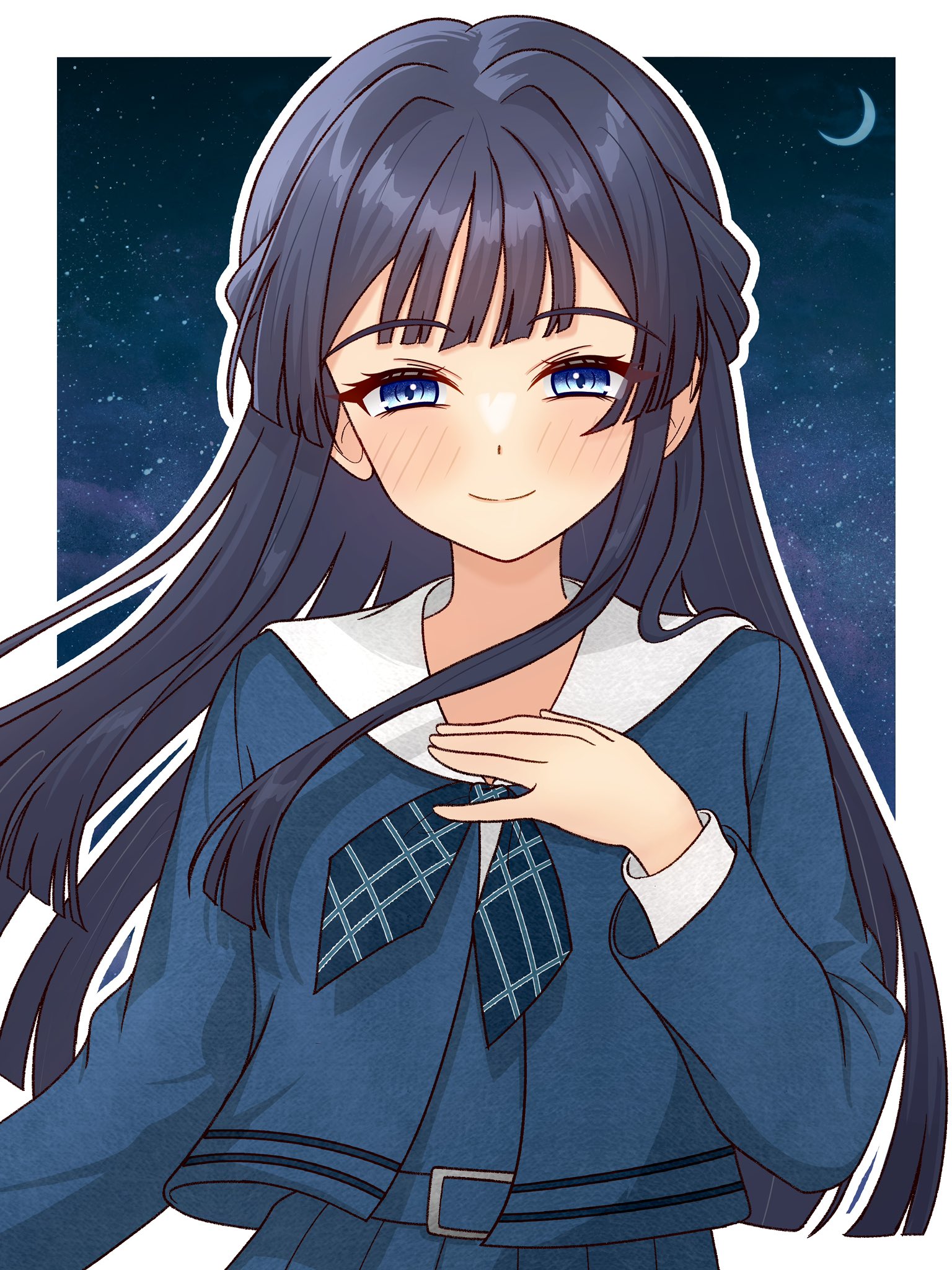 82k mugi, mogami shizuka, idolmaster, idolmaster million live!, highres, 1girl, black hair, blue eyes, blue shirt, blush, border, closed mouth, crescent moon, floating hair, hand up, long hair, long sleeves, looking at viewer, moon, night, night sky, outline, outside border, shirt, sky, smile, solo, upper body, white border, white outline
