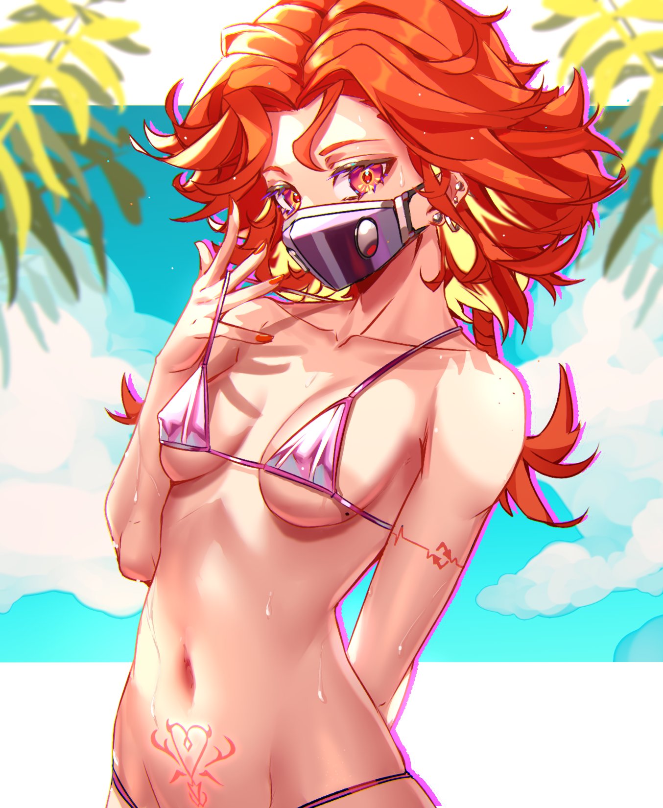enma (enmanuelart), original, commentary, english commentary, highres, 1girl, arm behind back, armpit crease, bikini, bikini pull, blonde hair, blue sky, blurry, blurry background, border, breasts, breasts apart, clothes pull, cloud, cloudy sky, collarbone, colored inner hair, covered erect nipples, cowboy shot, ear piercing, earrings, eyelashes, gradient eyes, groin, hand up, jewelry, light particles, long hair, looking at viewer, mask, medium breasts, micro bikini, mouth mask, multicolored eyes, multicolored hair, navel, orange hair, orange nails, outline, piercing, pubic tattoo, purple bikini, purple eyes, purple outline, skindentation, sky, solo, summer, swimsuit, tattoo, two-tone hair, wet, white border