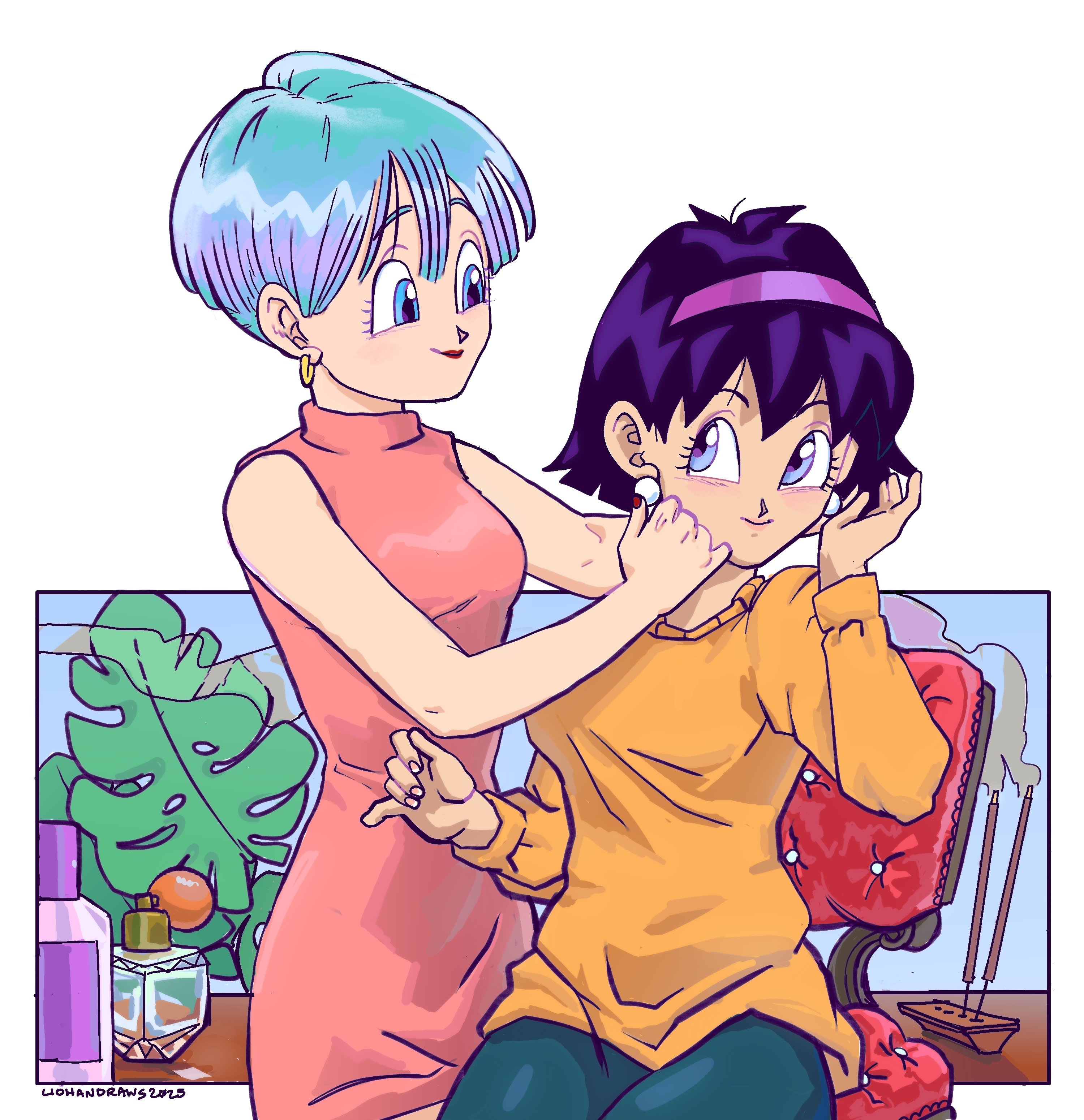bulma, videl, dragon ball, dragonball z, absurdres, highres, 2girls, black hair, black pantyhose, blue eyes, blue hair, dress, earrings, eyelashes, jewelry, liohan draws, multiple girls, orange sweater, pantyhose, pink dress, short hair, sphere earrings, sweater