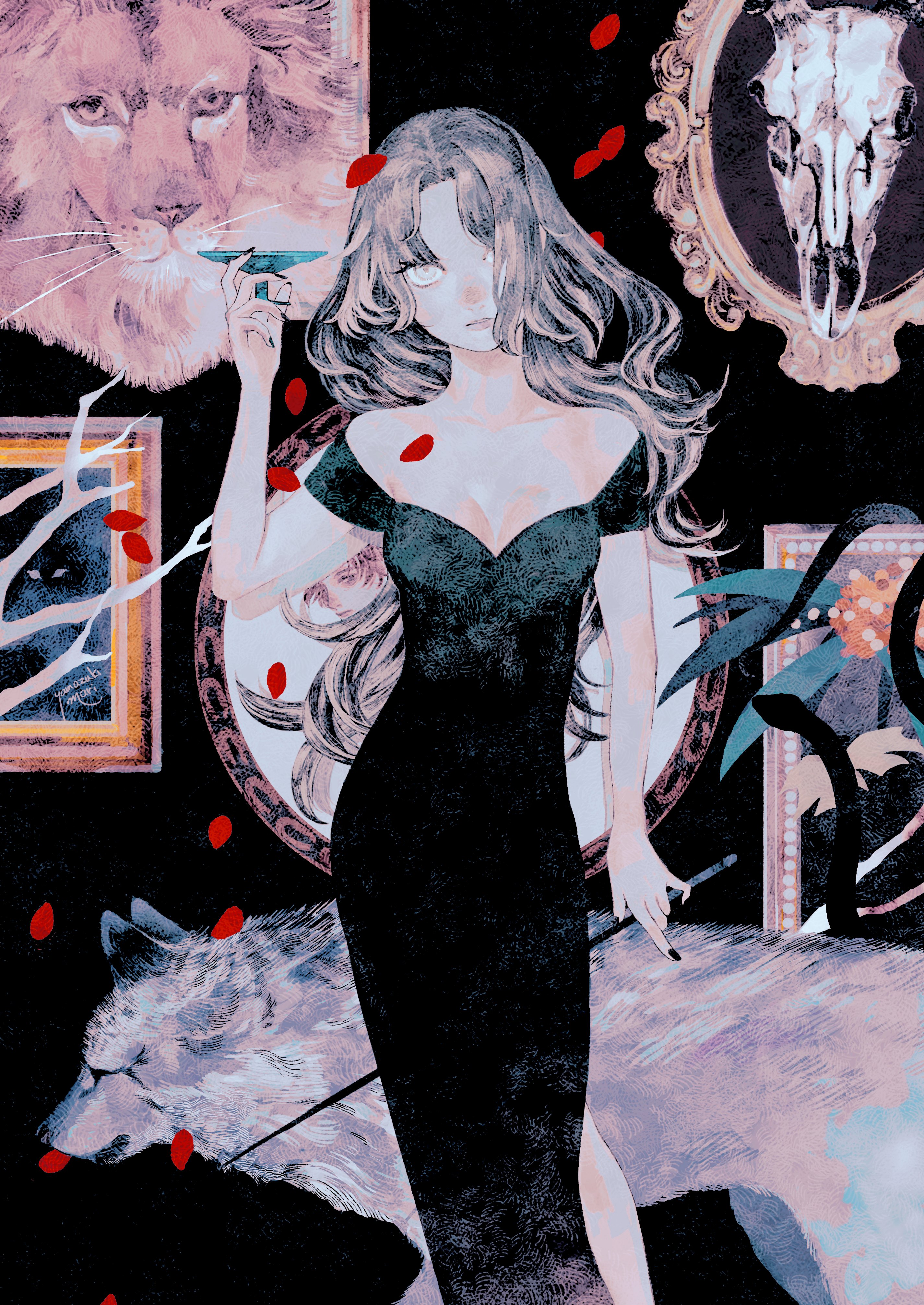 pole mura, original, absurdres, highres, 1girl, bare shoulders, black background, black dress, black hair, breasts, cleavage, closed mouth, cup, dress, full body, glass, lion, long hair, looking at viewer, picture frame, sleeveless, sleeveless dress, solo, wolf