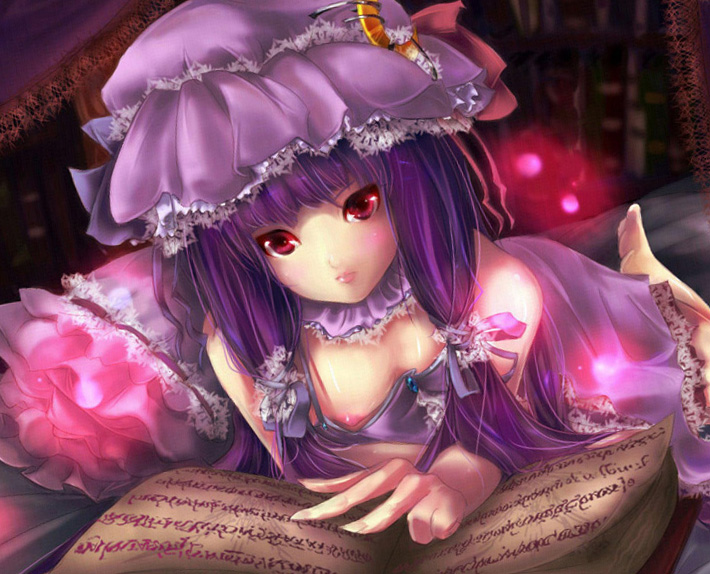 amano cigusa, patchouli knowledge, touhou, bad id, bad pixiv id, 1girl, bed, book, breasts, downblouse, female focus, glowing, medium breasts, nipple slip, nipples, pillow, purple hair, red eyes, solo