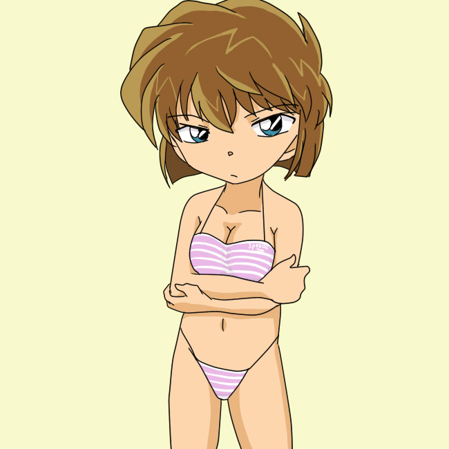 haibara ai, meitantei conan, breast hold, 1girl, bad anatomy, bikini, blue eyes, breasts, brown hair, crossed arms, female focus, poorly drawn, short hair, solo, swimsuit