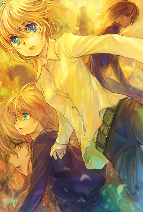 ame yamori, cleo everlastin, hartia, leki, majic lin, orphen, majutsushi orphen, bad id, bad pixiv id, 2girls, 3boys, belt, blonde hair, blue eyes, green eyes, long hair, multiple boys, multiple girls, open mouth, red hair, short hair