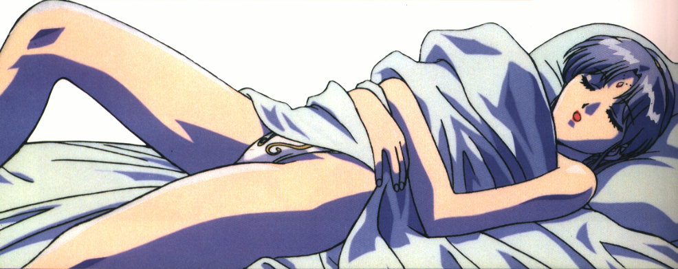 stashia, megami paradise, silver hair, anime screenshot, 1990s (style), 1girl, bed, bed sheet, blue hair, circlet, closed eyes, eyelashes, female focus, legs, lipstick, lying, makeup, on back, open mouth, panties, parted bangs, pillow, print panties, retro artstyle, sleeping, solo, underwear, white panties