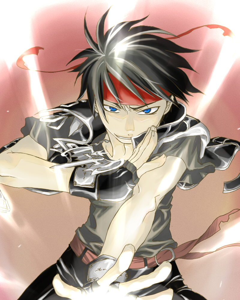 kittaka kaname, orphen, majutsushi orphen, bad id, bad pixiv id, 1boy, black hair, blue eyes, fingerless gloves, gloves, headband, male focus, solo