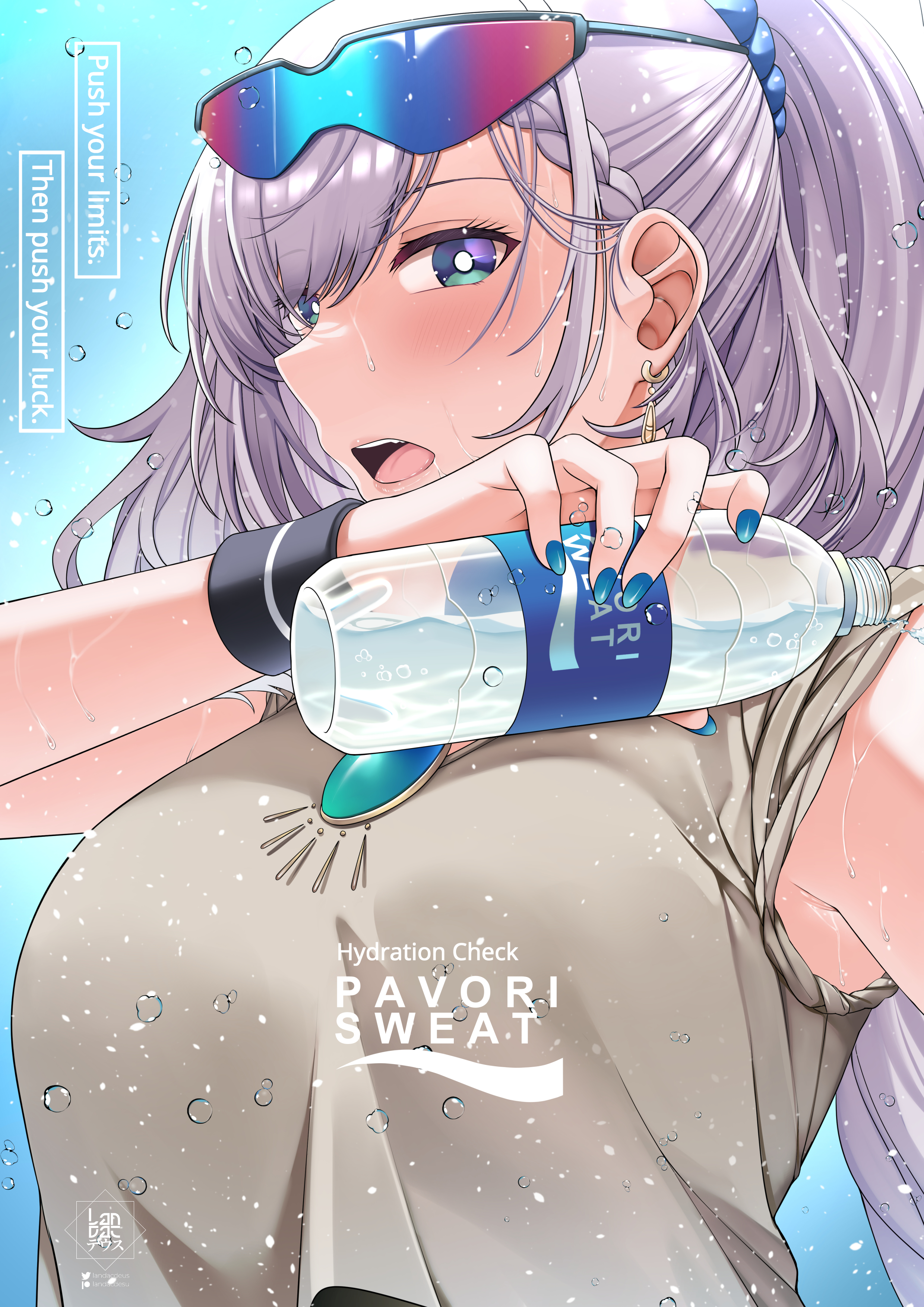 landacdeus, pavolia reine, hololive, hololive indonesia, absurdres, highres, 1girl, artist logo, blue eyes, blue nails, bottle, braid, bright pupils, earrings, eyewear on head, grey hair, grey shirt, holding, holding bottle, jewelry, logo, long hair, open mouth, shirt, sleeves rolled up, solo, sweat, upper body, virtual youtuber, water bottle, white pupils