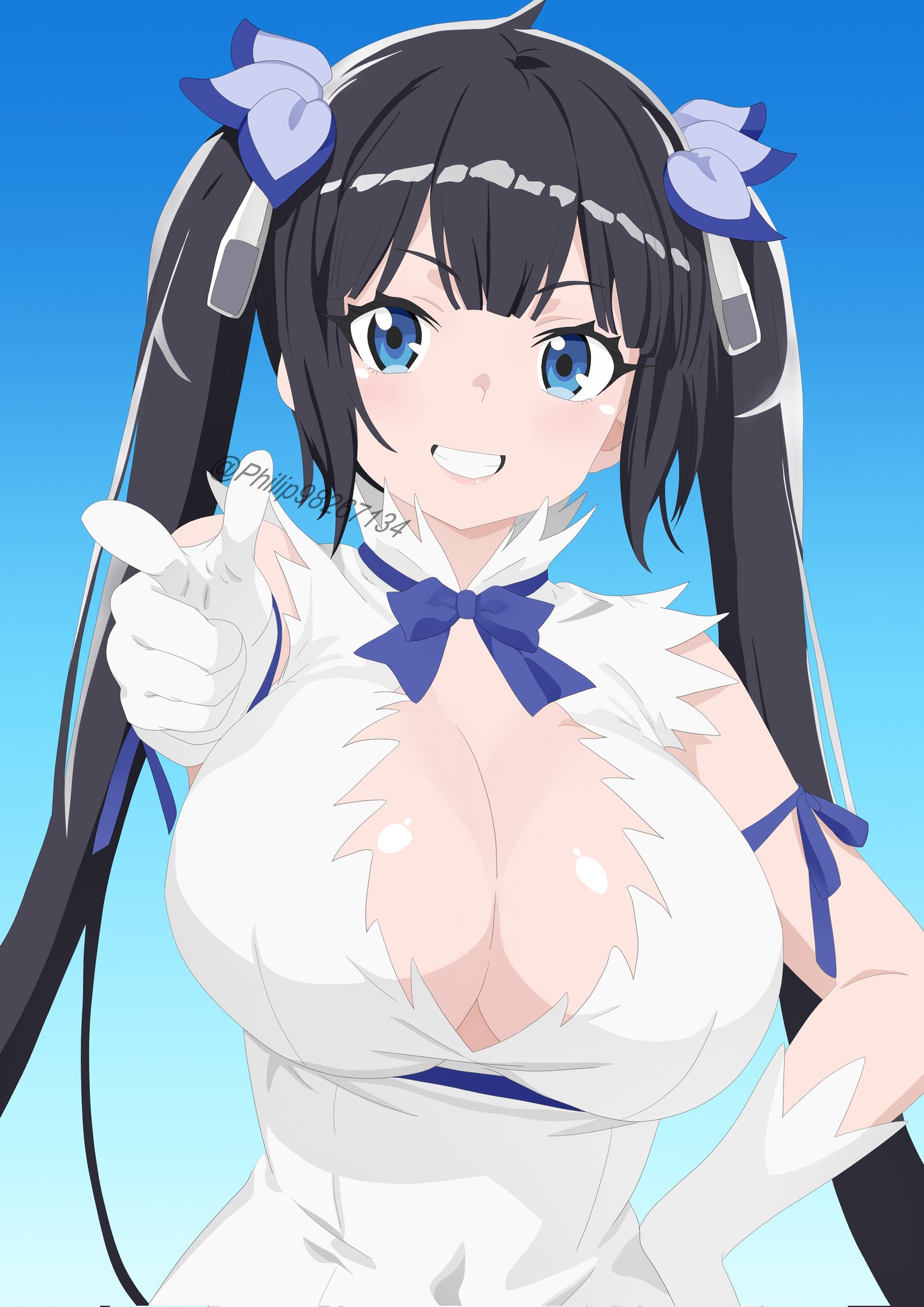 philip98267134, hestia (danmachi), dungeon ni deai wo motomeru no wa machigatteiru darou ka, highres, 1girl, black hair, blue background, blue eyes, breasts, cleavage, cleavage cutout, clothing cutout, dress, gloves, hand on own hip, large breasts, light blush, lips, long hair, looking at viewer, open mouth, pointing, pointing at viewer, simple background, smile, solo, teeth, twintails, very long hair, white dress, white gloves