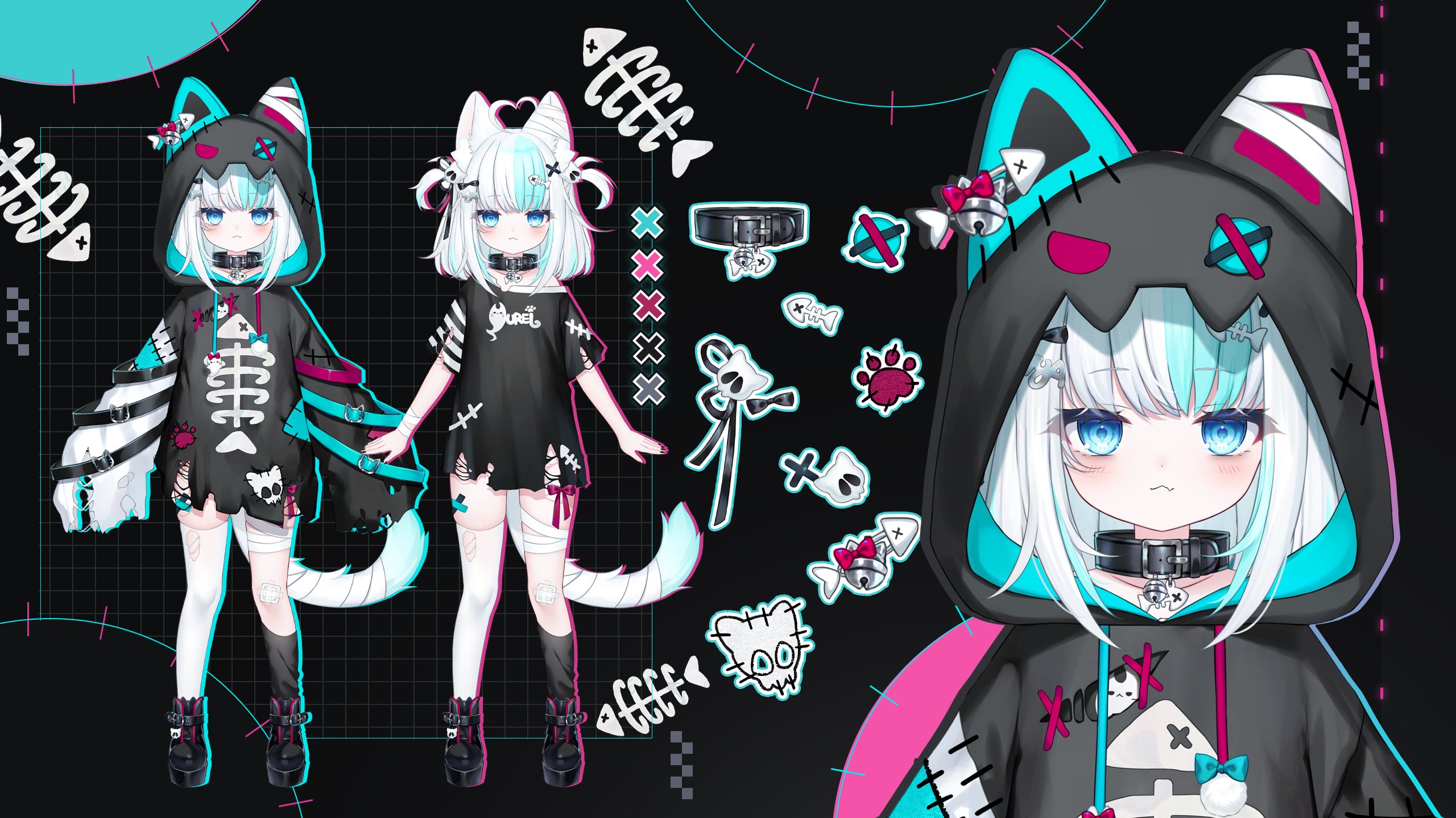 shouu-kun, indie virtual youtuber, highres, 1girl, ahoge, animal ears, bandages, black shirt, blue eyes, blush, boots, cat ears, cat tail, collar, hood, hoodie, multicolored hair, nani (vtuber), reference sheet, shirt, tail, two-tone hair, two side up, virtual youtuber, white hair