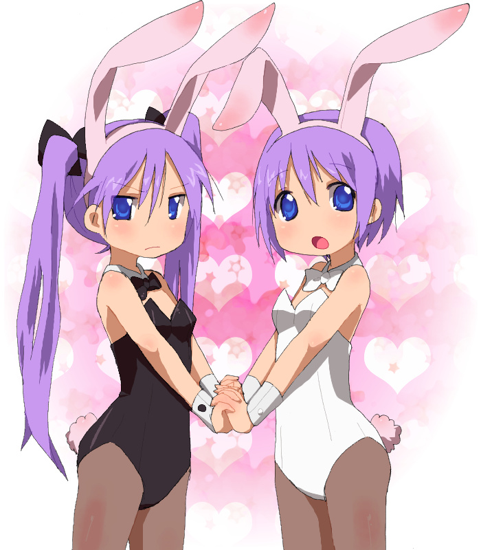 ydkw, hiiragi kagami, hiiragi tsukasa, lucky star, bad id, bad pixiv id, 00s, animal ears, blue eyes, fake animal ears, flat chest, holding hands, long hair, oekaki, pantyhose, playboy bunny, purple hair, rabbit ears, short hair, siblings, sisters, twins, twintails