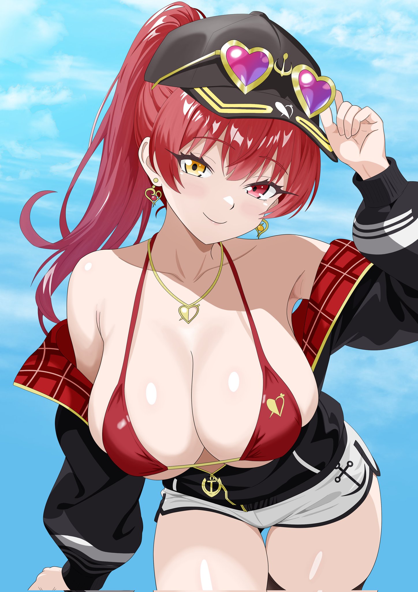 philip98267134, houshou marine, houshou marine (summer), hololive, highres, 1girl, armpit crease, armpits, baseball cap, bikini, black hat, black jacket, black thighhighs, breasts, cleavage, closed mouth, earrings, eyebrows hidden by hair, eyewear on head, hat, heart, heart-shaped eyewear, heart necklace, heterochromia, jacket, jewelry, large breasts, light blush, looking at viewer, medium hair, necklace, ponytail, purple-tinted eyewear, red bikini, red eyes, short shorts, shorts, skindentation, smile, solo, swimsuit, thighhighs, tinted eyewear, virtual youtuber, white shorts, yellow eyes