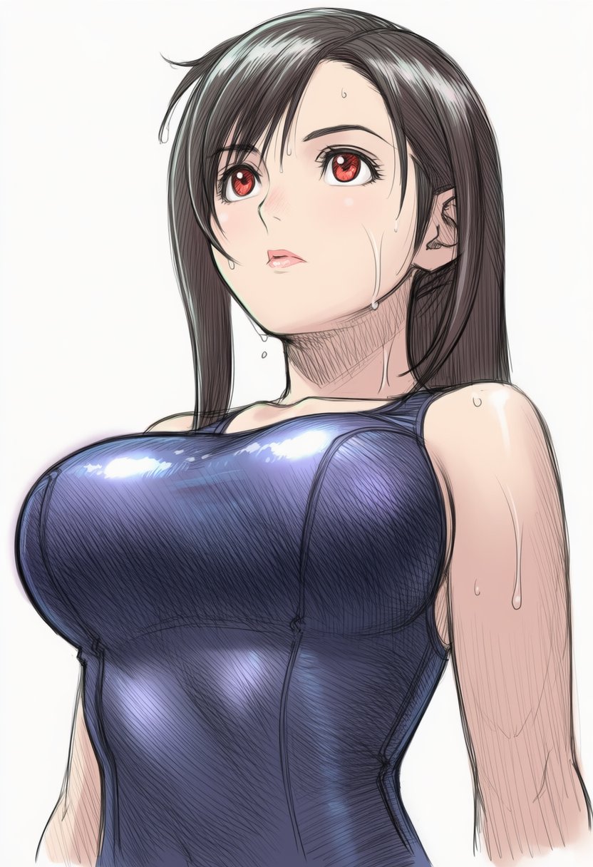 jaydamon, tifa lockhart, final fantasy, final fantasy vii, highres, 1girl, alternate costume, black hair, blue one-piece swimsuit, breasts, collarbone, large breasts, long hair, looking ahead, one-piece swimsuit, parted lips, red eyes, solo, swimsuit, upper body, wet