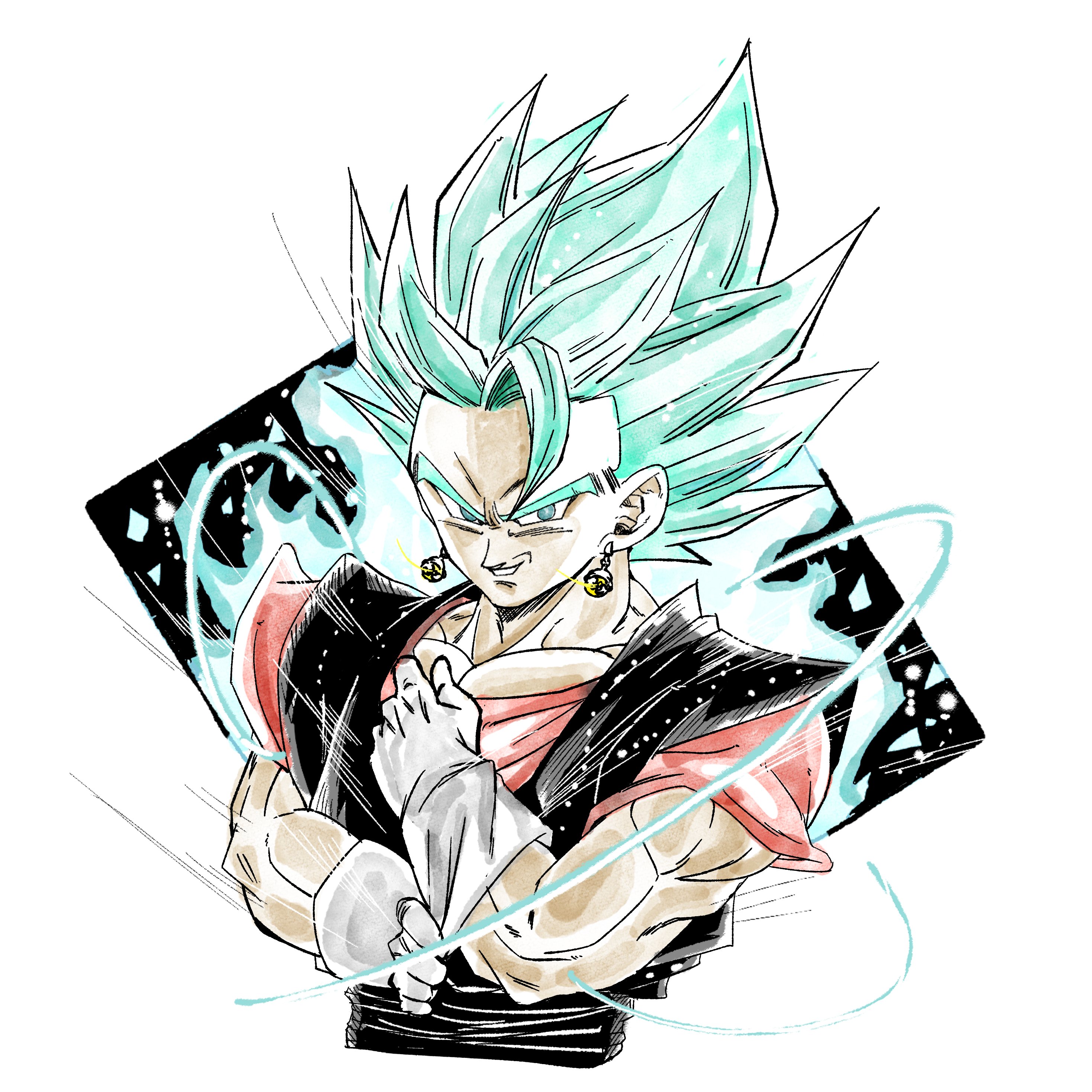 vegetto, dragon ball, dragon ball super, absurdres, highres, 1boy, 1rasutotoukou, aura, blue eyes, blue hair, earrings, jewelry, male focus, medium hair, orange shirt, partially colored, potara earrings, shirt, simple background, smirk, solo, spiked hair, super saiyan, super saiyan blue, upper body, white background