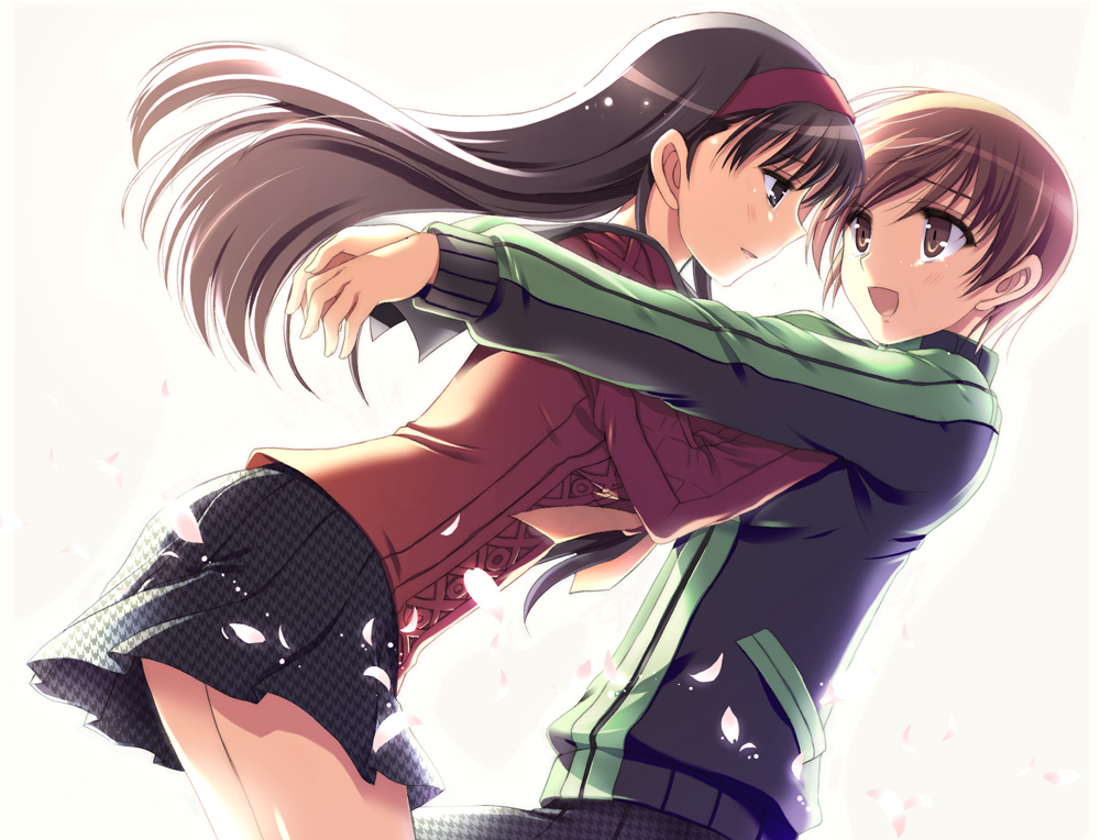 odawara hakone, amagi yukiko, satonaka chie, atlus, persona, persona 4, 2girls, brown eyes, brown hair, hairband, long hair, multiple girls, petals, short hair, yuri