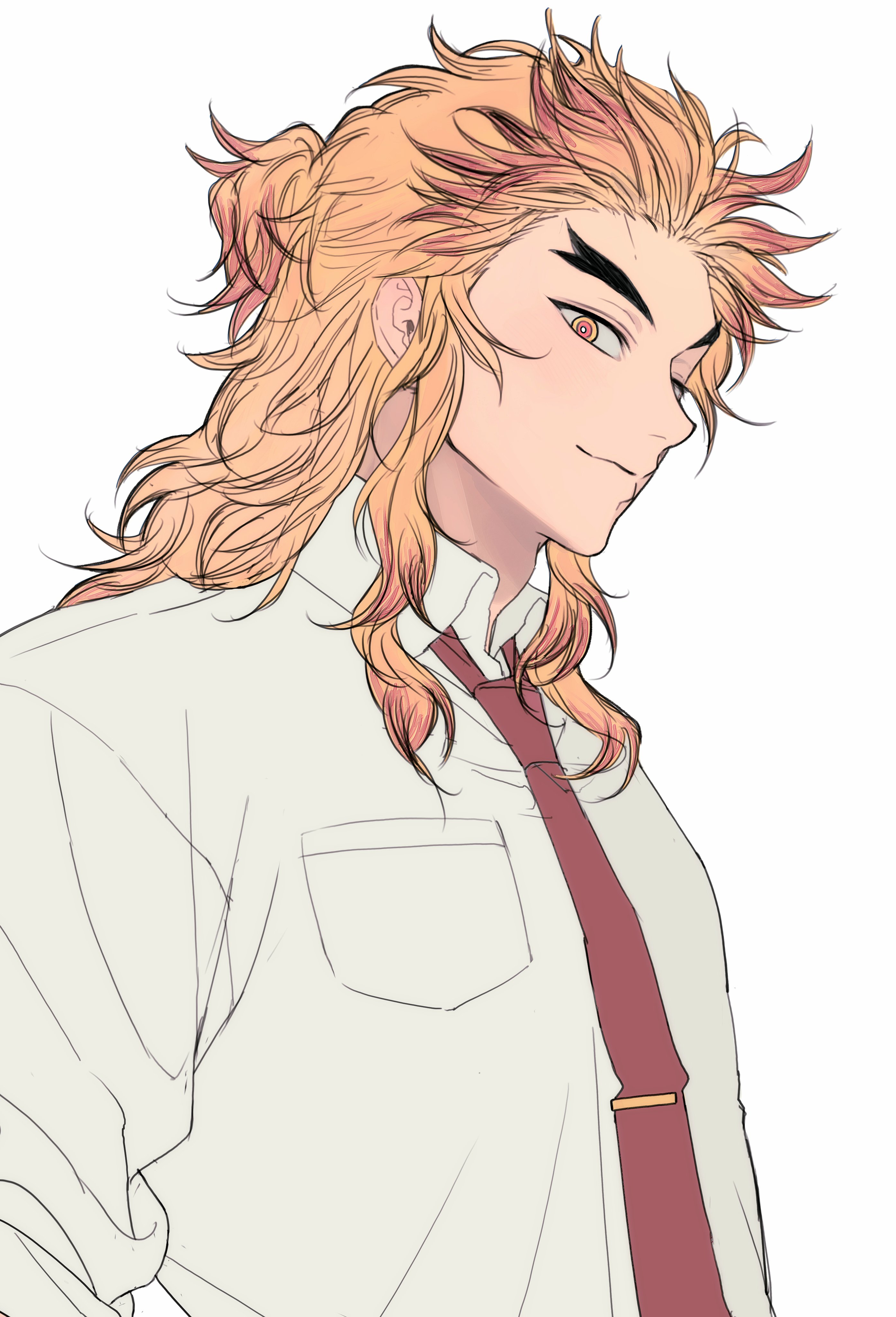hyeondeku, rengoku kyoujurou, kimetsu no yaiba, absurdres, highres, 1boy, alternate costume, blonde hair, breast pocket, bright pupils, closed mouth, collared shirt, long hair, looking at viewer, male focus, multicolored eyes, multicolored hair, necktie, orange eyes, pocket, red eyes, red hair, red necktie, shirt, simple background, smile, solo, two-tone eyes, two-tone hair, upper body, white background, white pupils, white shirt