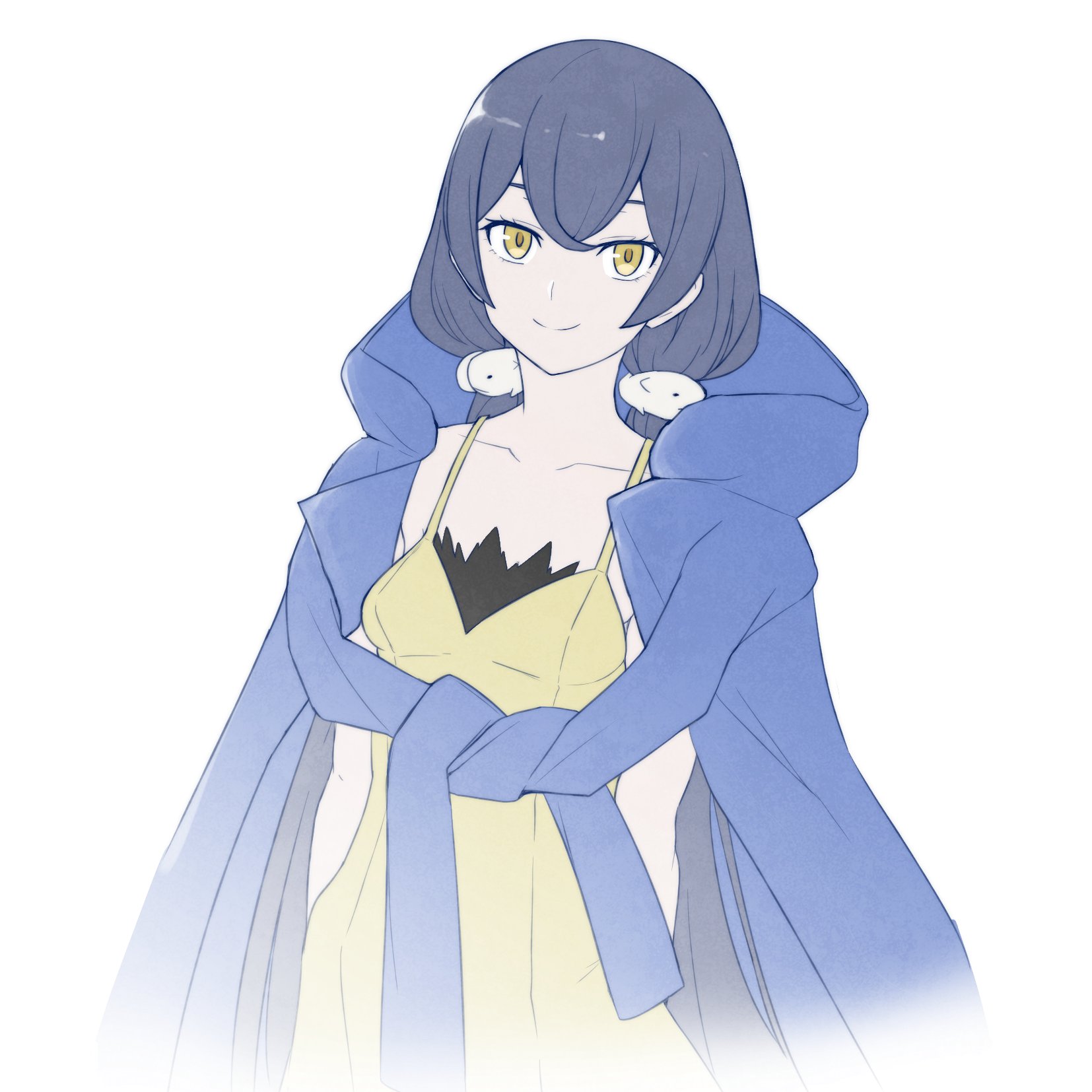 kp944113, mishima erika, digimon, digimon story: cyber sleuth, digimon story: cyber sleuth – hacker's memory, highres, 1girl, black hair, blue coat, breasts, coat, coat on shoulders, collarbone, cowboy shot, dress, long hair, low twintails, simple background, small breasts, smile, solo, twintails, white background, yellow dress