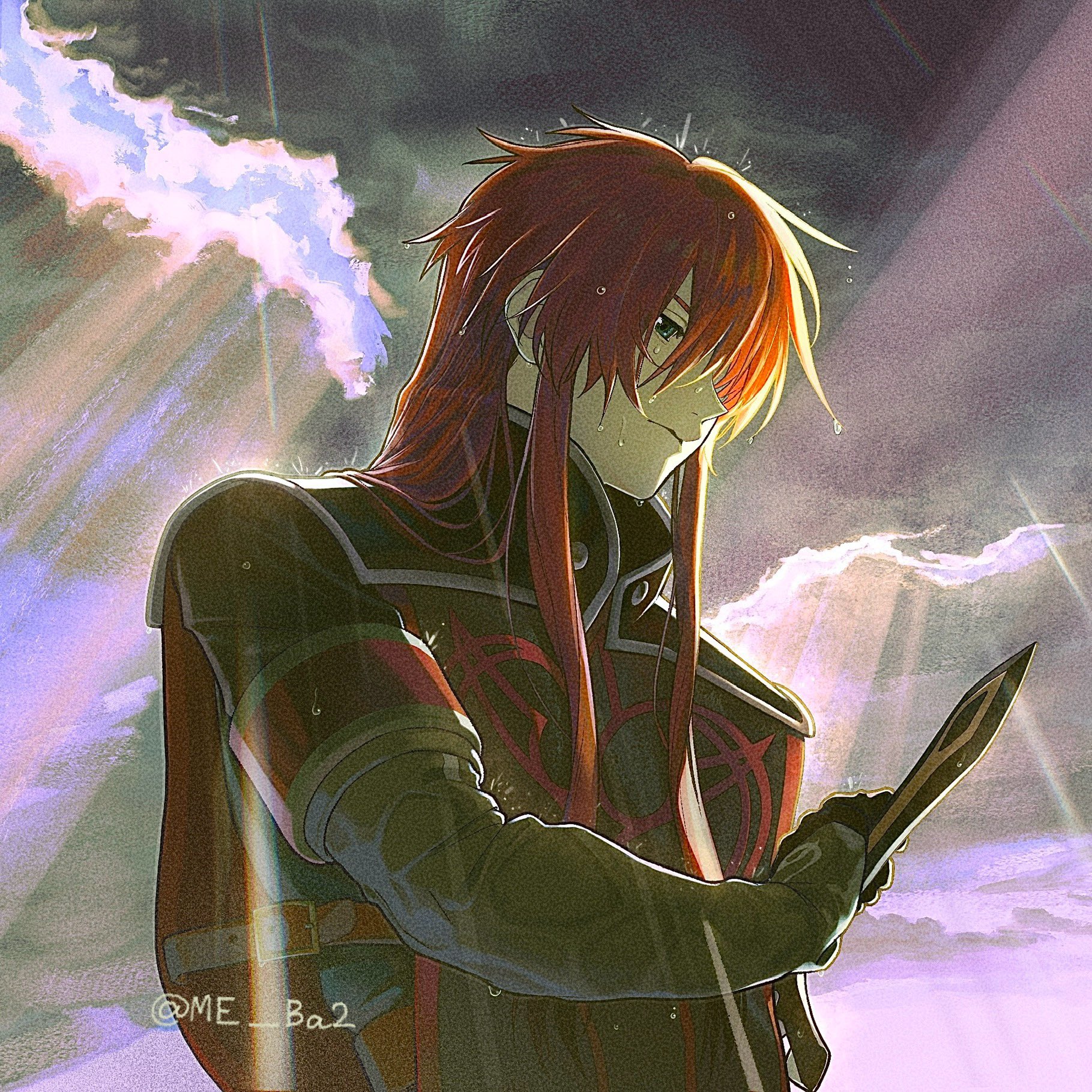 meba, asch (tales), tales of (series), tales of the abyss, highres, 1boy, black gloves, black tabard, cape, closed mouth, cloud, cloudy sky, gloves, green eyes, grey sleeves, hair between eyes, holding, holding sword, holding weapon, long hair, long sidelocks, long sleeves, male focus, outdoors, rain, red cape, red hair, shoulder pads, sidelocks, sky, solo, sunlight, sword, tabard, twitter username, upper body, weapon, wet, wet hair