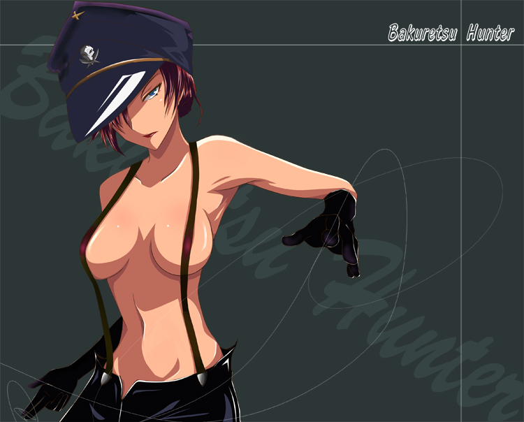 sahare, chocolate misu, bakuretsu hunters, bad id, bad pixiv id, 1girl, blue eyes, breasts, copyright name, dominatrix, female focus, garrote, gloves, grey background, hair over one eye, hat, naked suspenders, open fly, red hair, revealing clothes, serious, short hair, solo, suspenders, topless female, unzipped