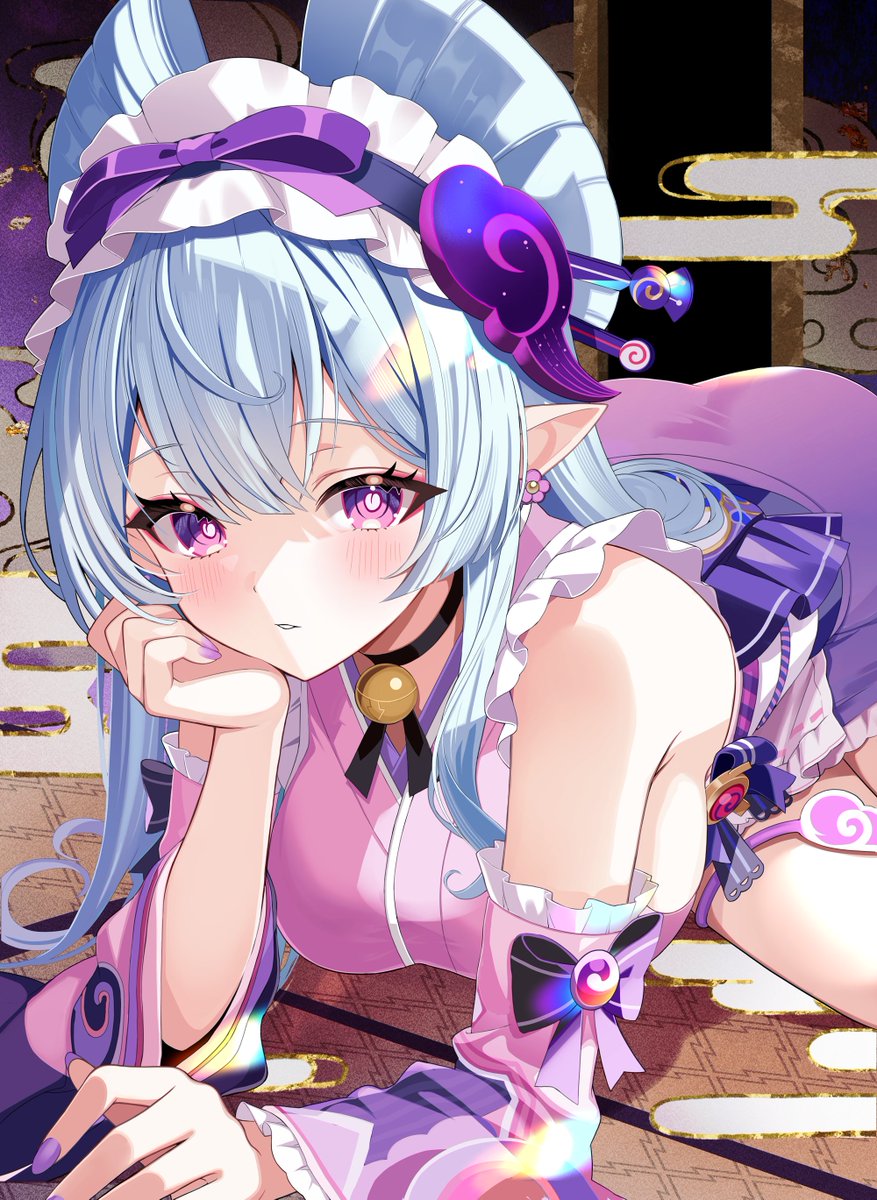motsunuki, yumemizuki mizuki, genshin impact, commentary request, highres, 1girl, bare shoulders, blue hair, blush, bow, breasts, detached sleeves, fingernails, hair between eyes, head rest, large breasts, long hair, long sleeves, looking at viewer, lying, nail polish, nihongami, on stomach, parted lips, purple eyes, purple nails, sideboob, sleeveless, solo, symbol-shaped pupils, tail around own leg, very long hair