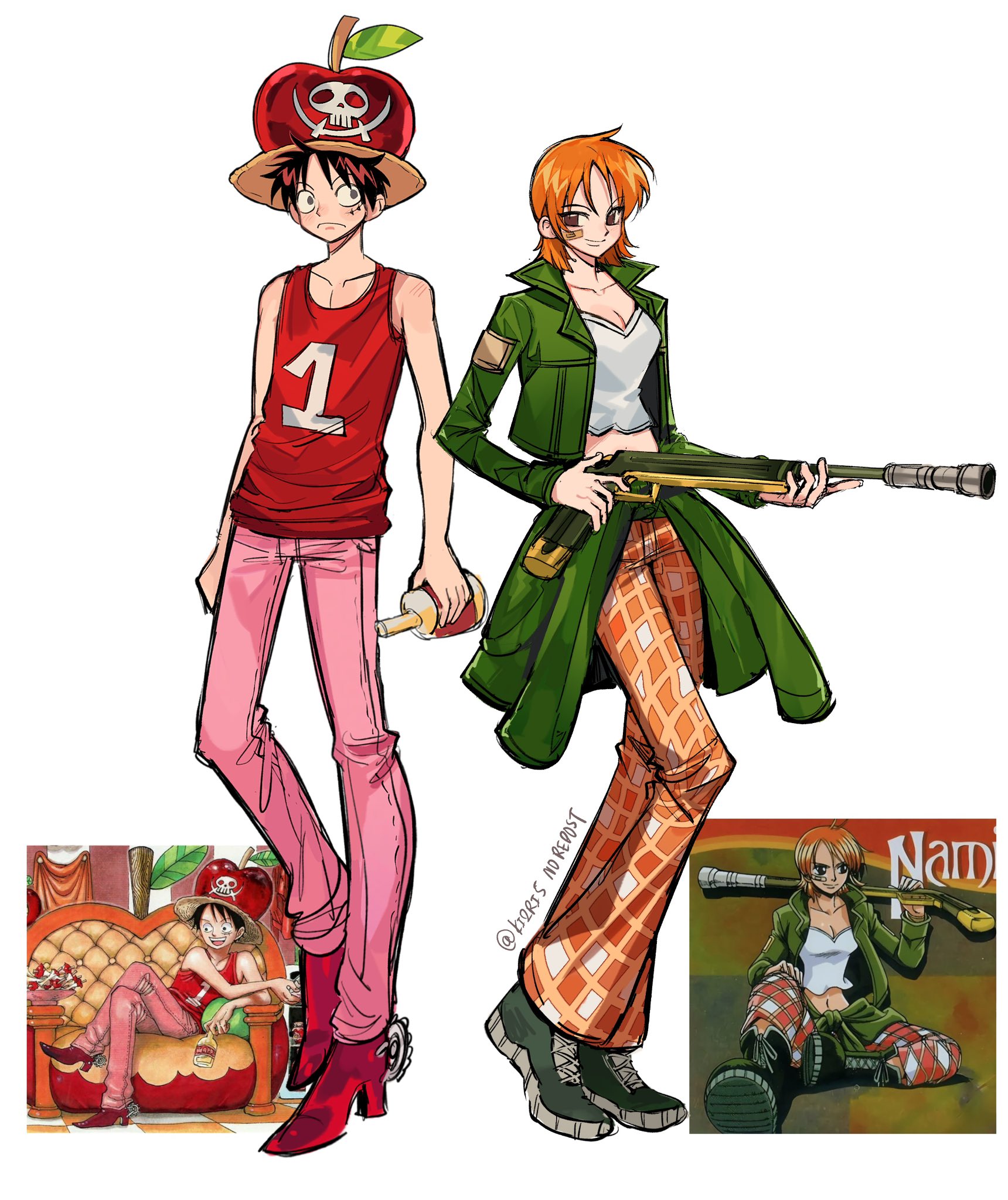 ki2ri5, monkey d. luffy, nami (one piece), one piece, commentary, highres, symbol-only commentary, 1boy, 1girl, apple, bandaid, bandaid on cheek, bandaid on face, bare shoulders, black hair, bottle, breasts, brown eyes, checkered clothes, checkered pants, cleavage, closed mouth, clothes around waist, collarbone, facial scar, food, fruit, full body, green jacket, gun, hat, high heels, holding, holding bottle, holding gun, holding weapon, jacket, jacket around waist, midriff, official alternate costume, open clothes, open jacket, orange hair, pants, pink pants, red shoes, red tank top, reference inset, scar, scar on cheek, scar on face, shirt, shoes, short hair, smile, standing, straw hat, tank top, twitter username, weapon, white background, white shirt