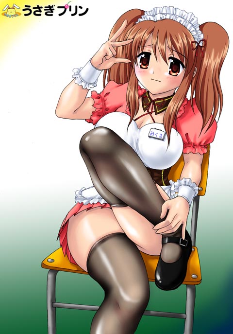 asahina mikuru, suzumiya haruhi no yuuutsu, 00s, apron, blush, bow, breasts, brown eyes, brown hair, chair, corset, cuffs, curvy, large breasts, legs together, maid, maid apron, maid headdress, name tag, official alternate hairstyle, sitting, solo, thighhighs, thighs, waitress, wrist cuffs