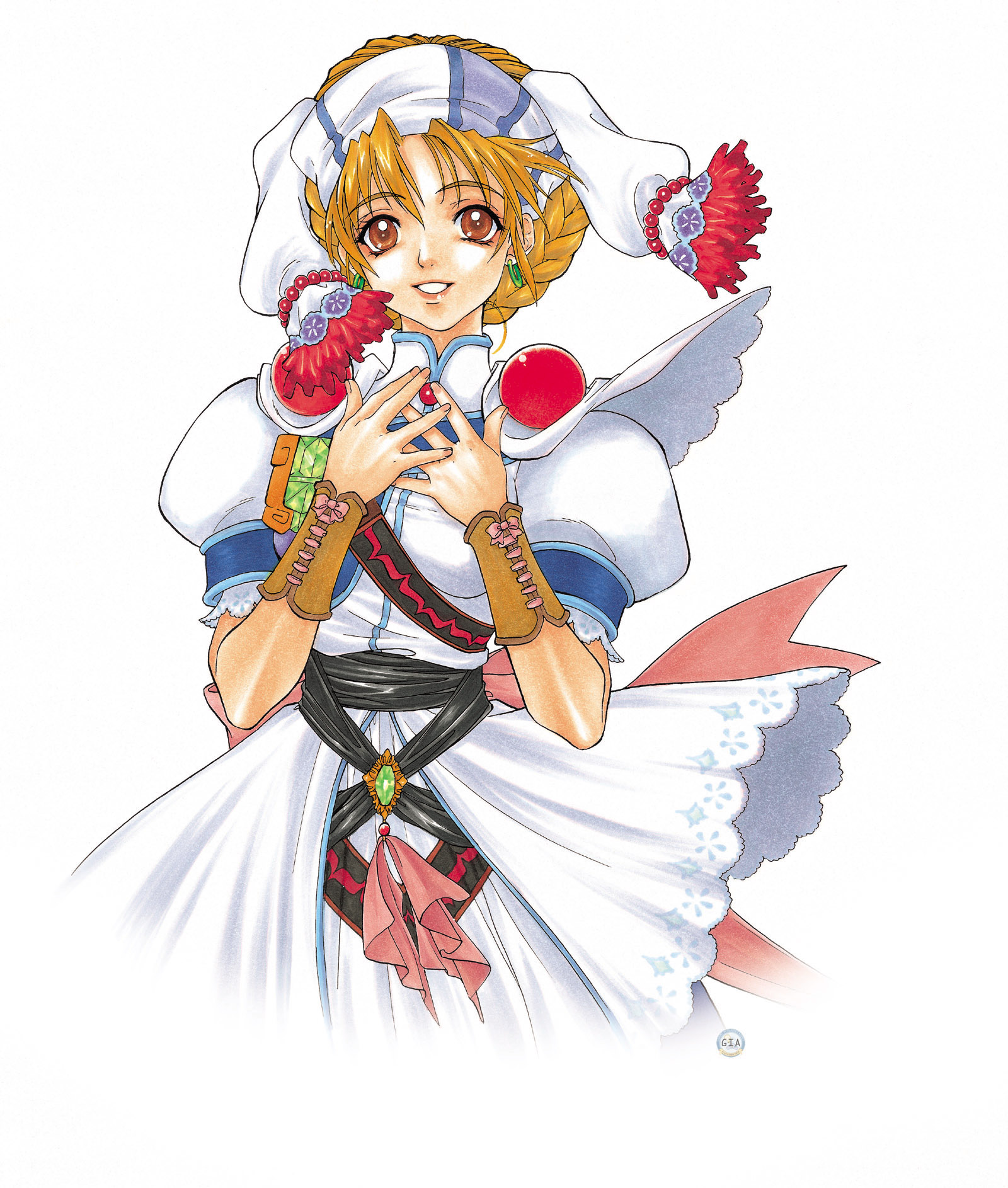 kanoe youshi, elena (grandia), game arts, grandia, grandia ii, highres, marker (medium), official art, scan, traditional media, 1girl, blonde hair, braid, brown eyes, dress, earrings, female focus, hair ornament, hands on own chest, jewelry, puffy sleeves, short sleeves, smile, solo, white dress, wind, wrist cuffs