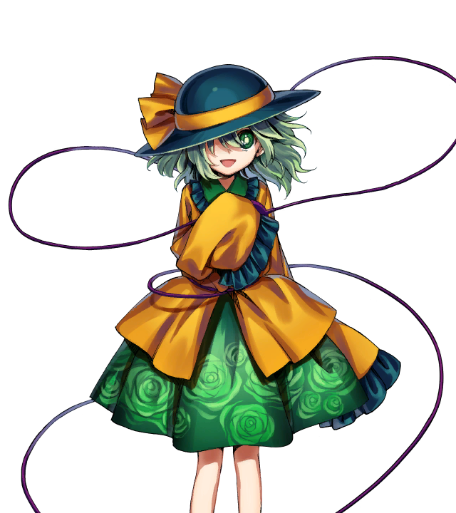 harukawa moe, komeiji koishi, touhou, urban legend in limbo, official art, 1girl, black boots, black hat, boots, bow, feet out of frame, floral print, floral print skirt, flower, frilled shirt collar, frilled skirt, frilled sleeves, frills, green eyes, green hair, green pupils, green skirt, hair between eyes, hand up, hat, hat bow, heart, inverted triangle mouth, long sleeves, looking at viewer, one eye covered, open mouth, out of frame, print skirt, rose, rose print, shirt, short hair, skirt, sleeves past fingers, sleeves past wrists, smile, solo, standing, tachi-e, third eye, third eye on chest, transparent background, wide sleeves, yellow bow, yellow shirt